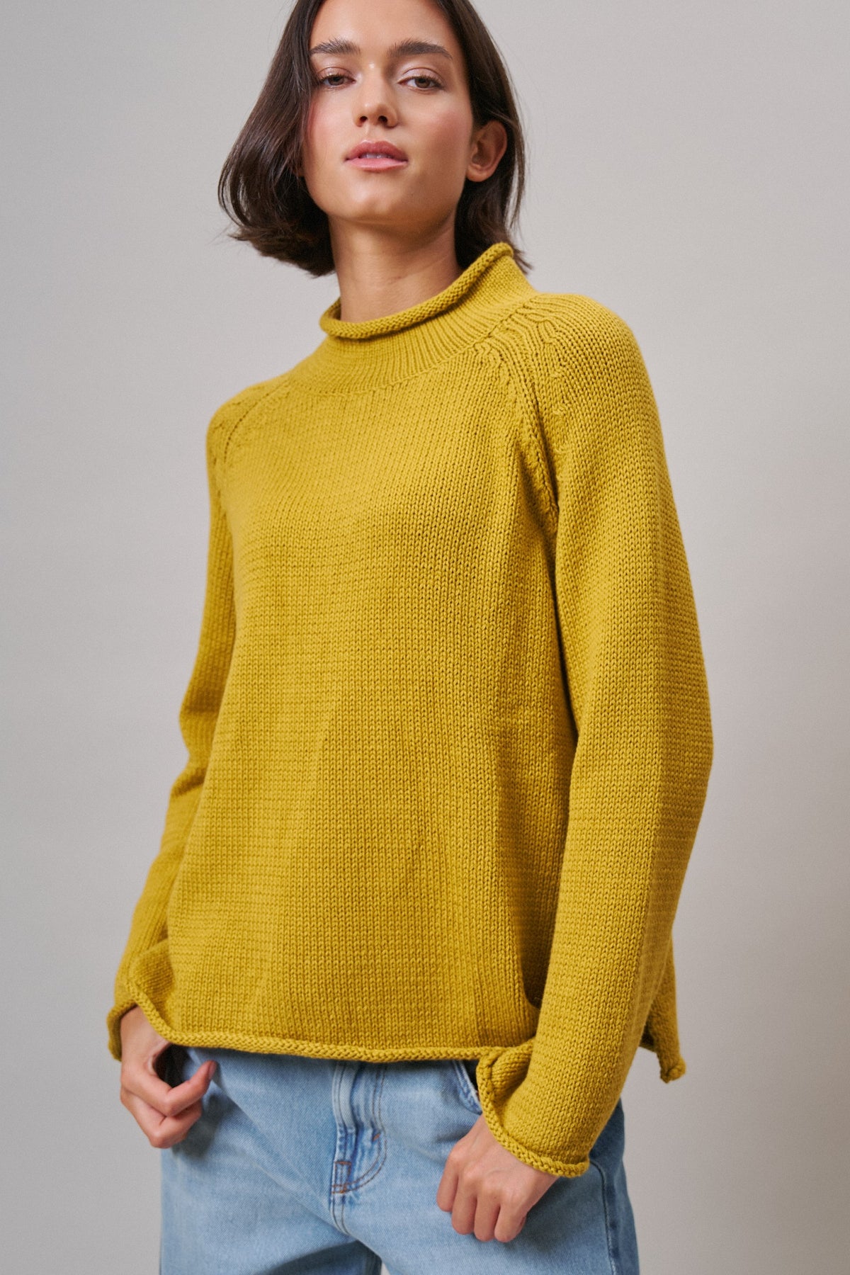 Striped Mock Neck Sweater with Rolled Neckline in MUSTARD - Women's Sweaters | Urban Daizy