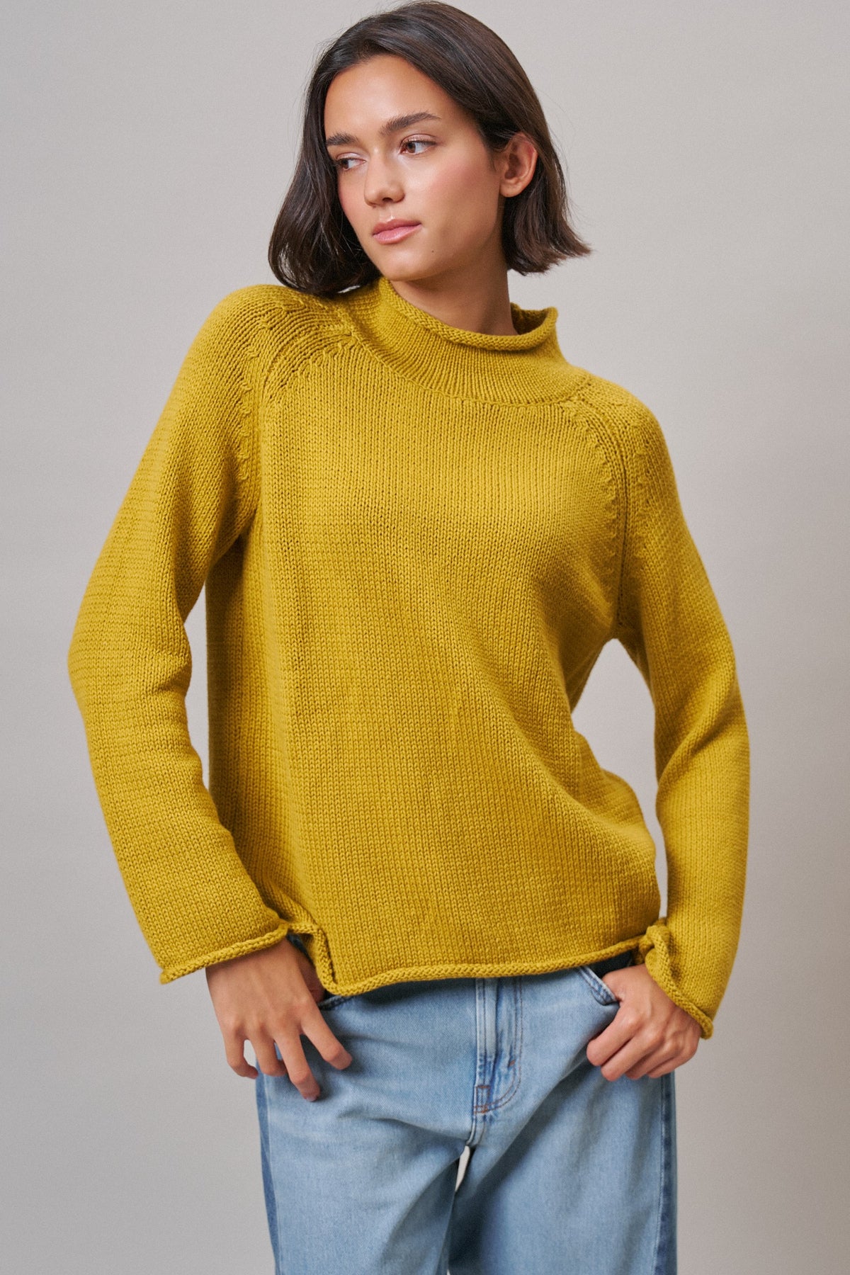 Striped Mock Neck Sweater with Rolled Neckline in MUSTARD - Women's Sweaters | Urban Daizy