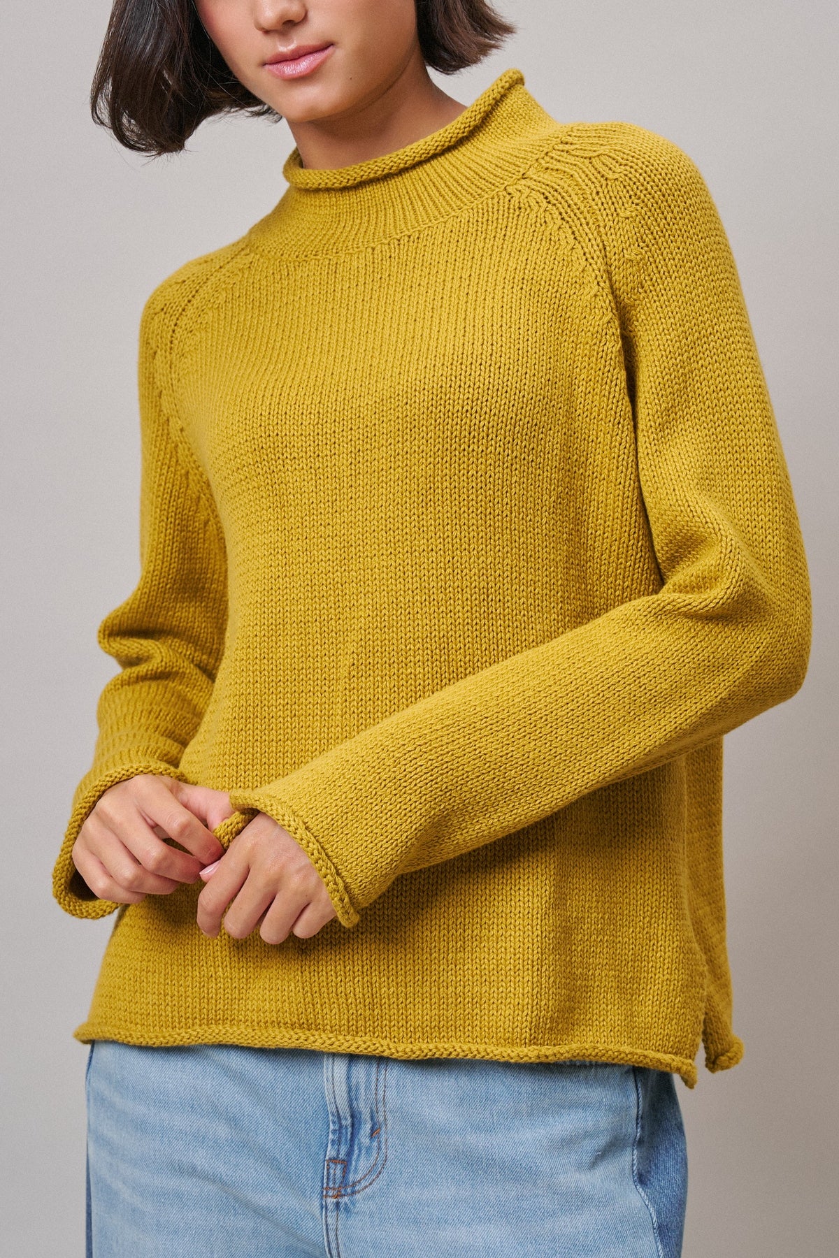 Striped Mock Neck Sweater with Rolled Neckline in MUSTARD - Women's Sweaters | Urban Daizy