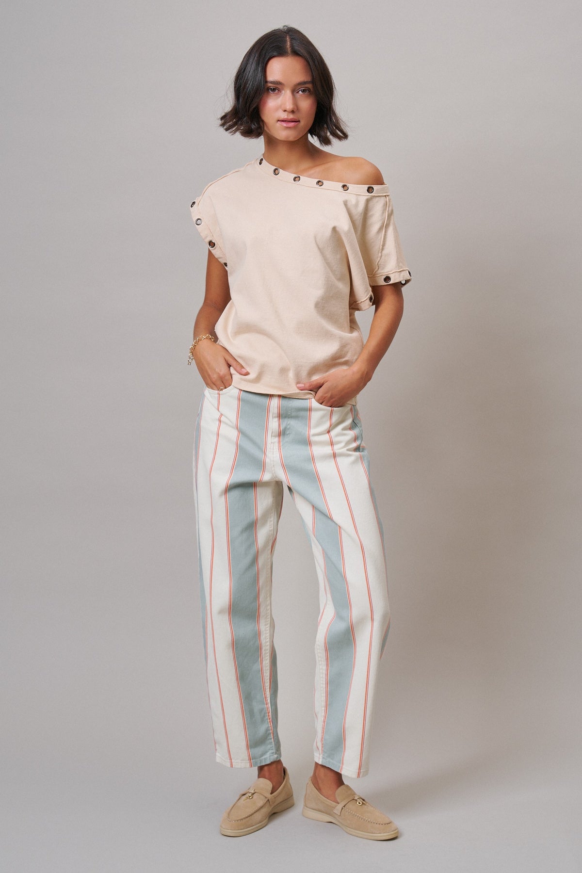 Grommet Trim Washed Cotton Boat Neck Top in CHALK - Women's T-Shirts & Polos | Urban Daizy
