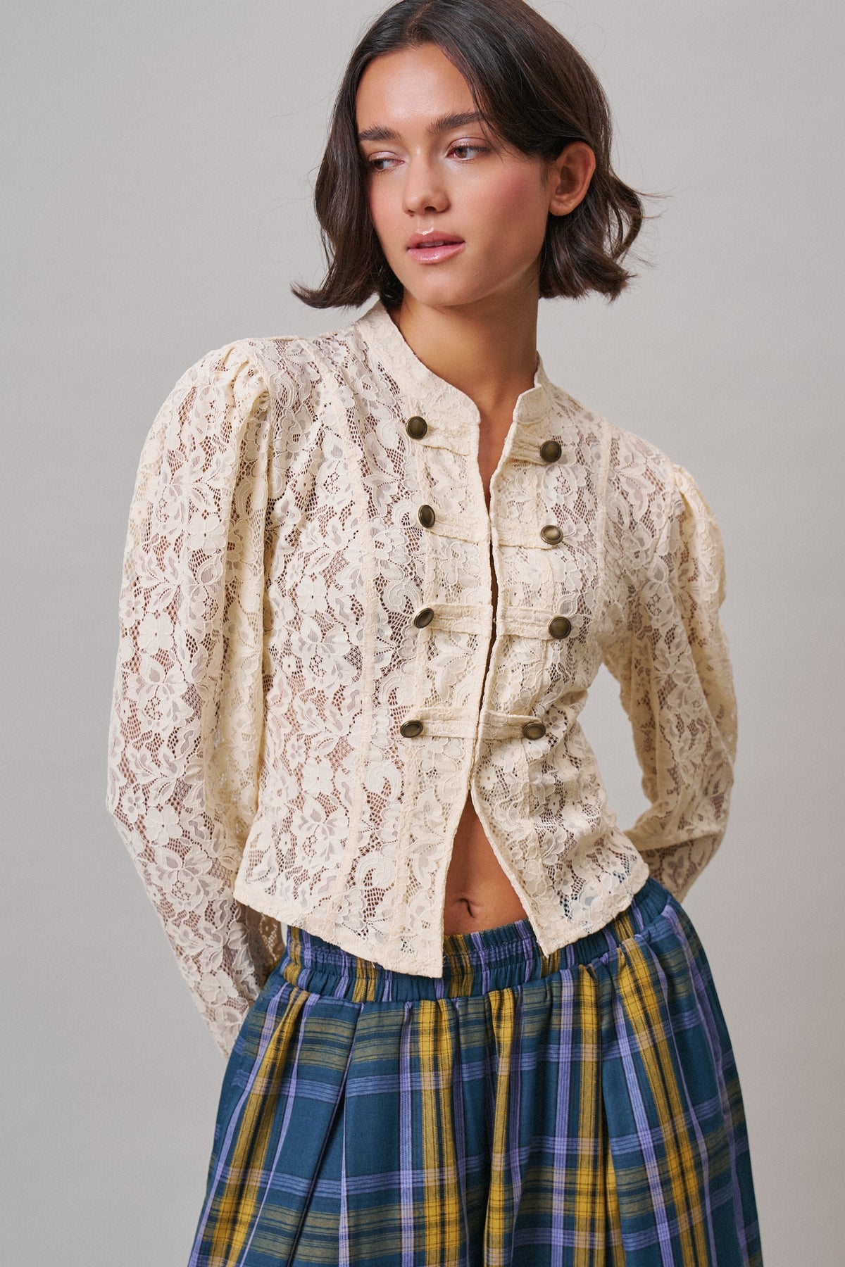 Ivory Lace Military Button Jacket in IVORY - Women's Jackets & Blazers | Urban Daizy