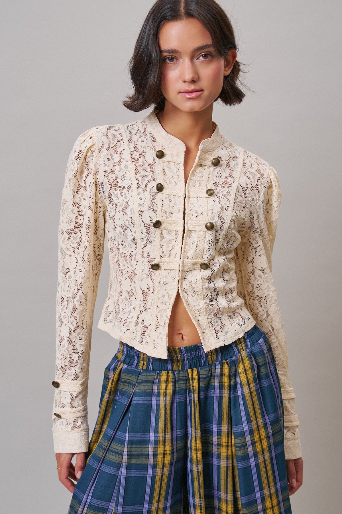 Ivory Lace Military Button Jacket in IVORY - Women's Jackets & Blazers | Urban Daizy
