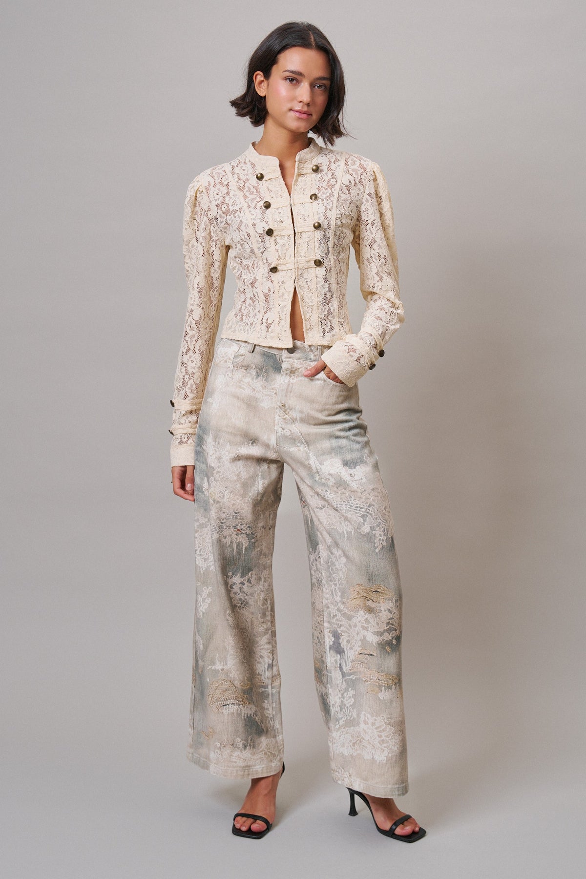 Ivory Lace Military Button Jacket in IVORY - Women's Jackets & Blazers | Urban Daizy