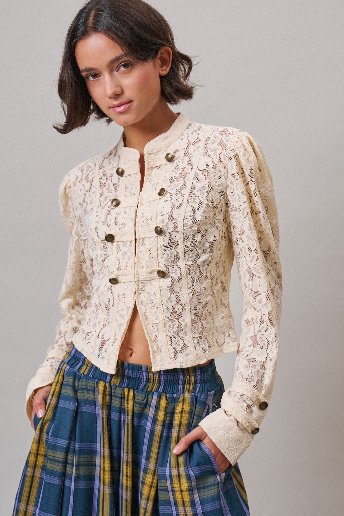 Ivory Lace Military Button Jacket in IVORY - Women's Jackets & Blazers | Urban Daizy