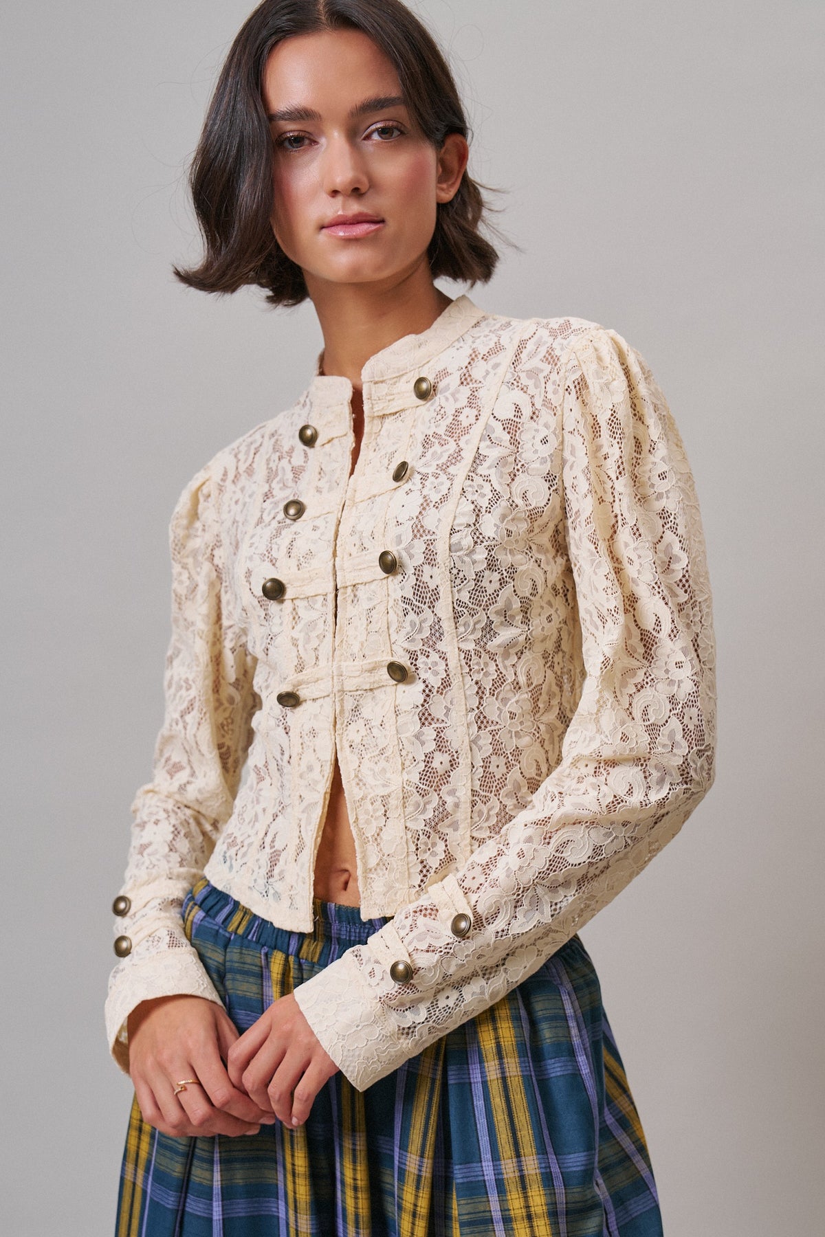 Ivory Lace Military Button Jacket in IVORY - Women's Jackets & Blazers | Urban Daizy