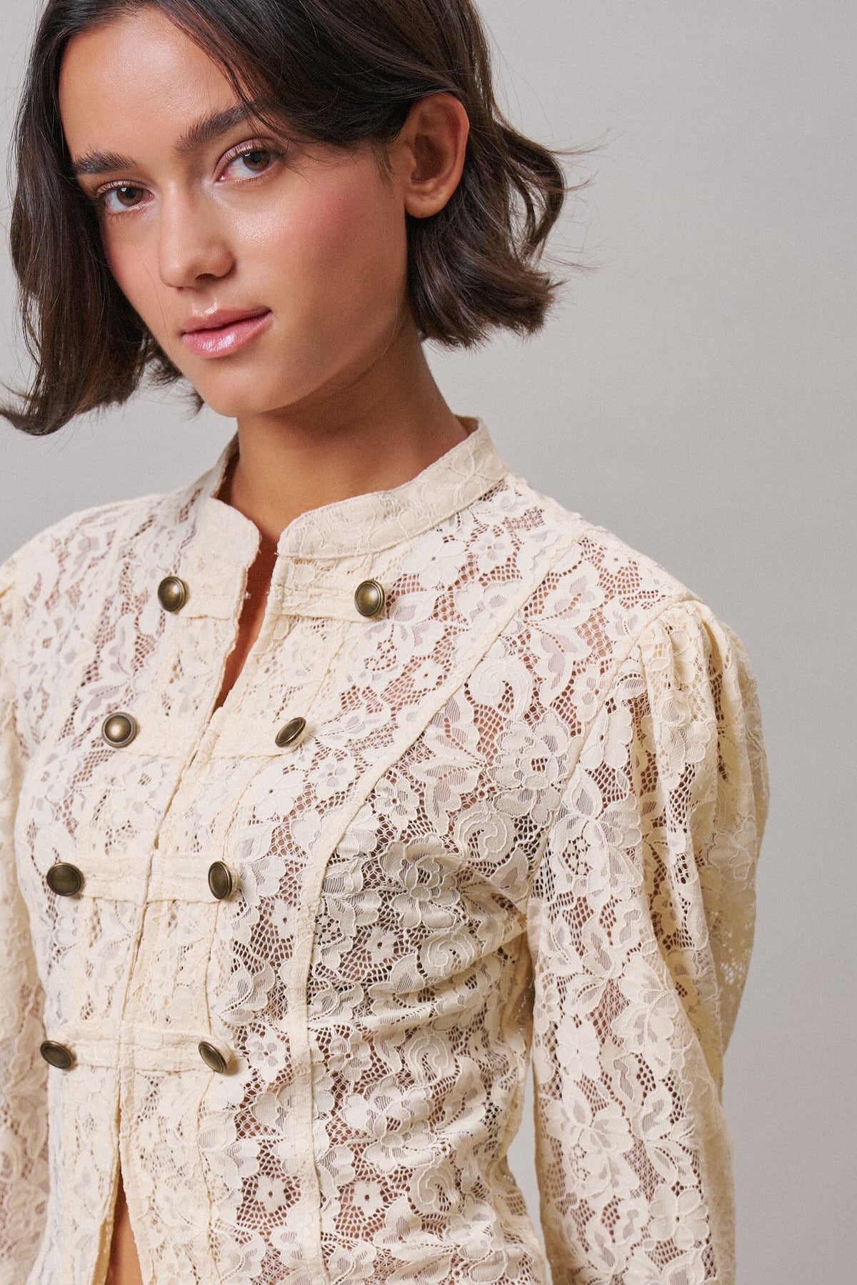Ivory Lace Military Button Jacket in IVORY - Women's Jackets & Blazers | Urban Daizy