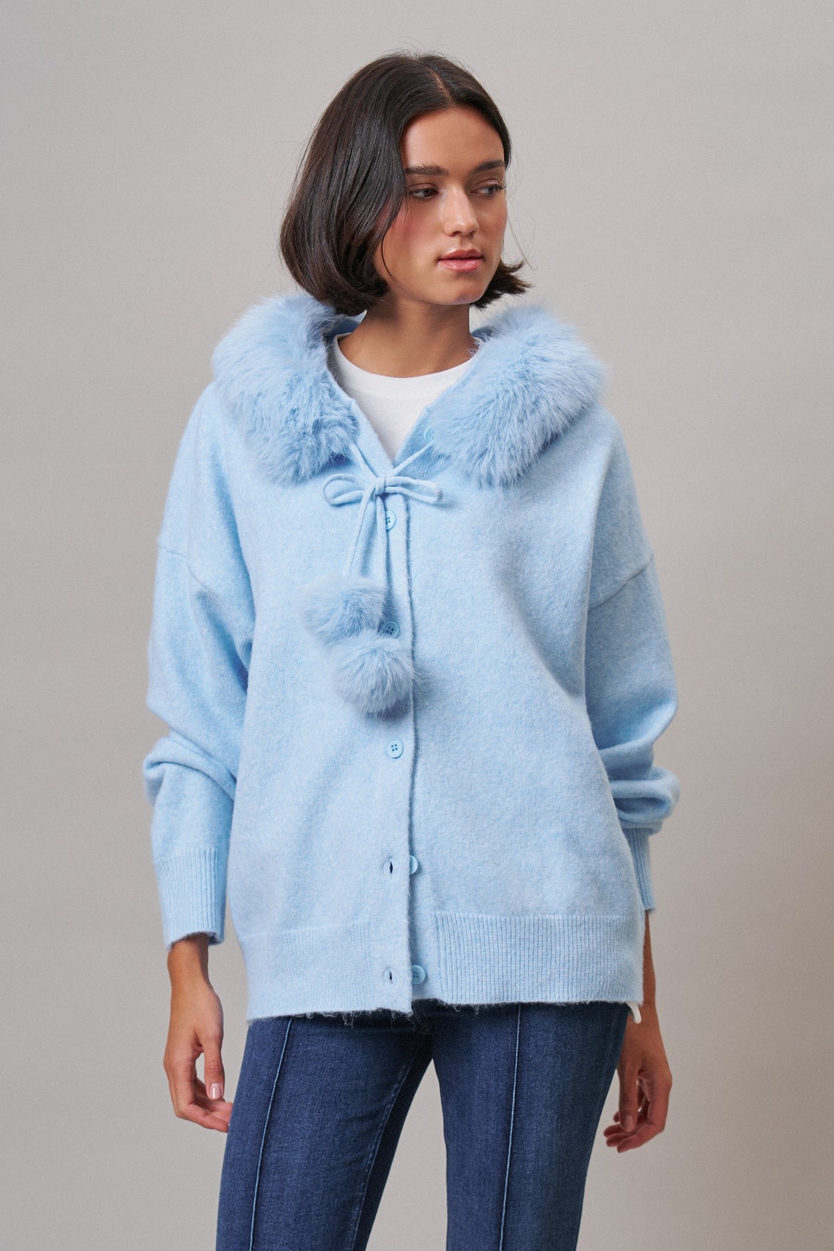 Faux Fur Hood Pom Pom Cardigan Wool Blend in Baby Blue in BLUE - Women's Cardigans & Shrugs | Urban Daizy