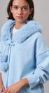 Faux Fur Hood Pom Pom Cardigan Wool Blend in Baby Blue in BLUE - Women's Cardigans & Shrugs | Urban Daizy
