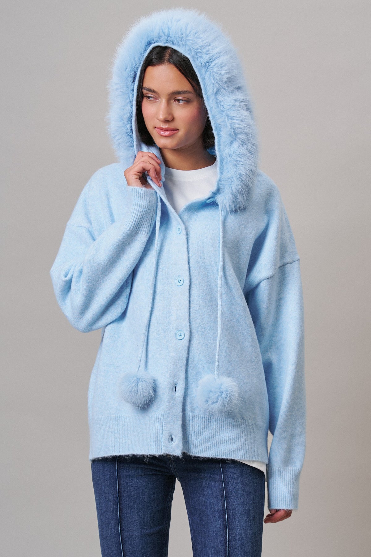 Faux Fur Hood Pom Pom Cardigan Wool Blend in Baby Blue in BLUE - Women's Cardigans & Shrugs | Urban Daizy