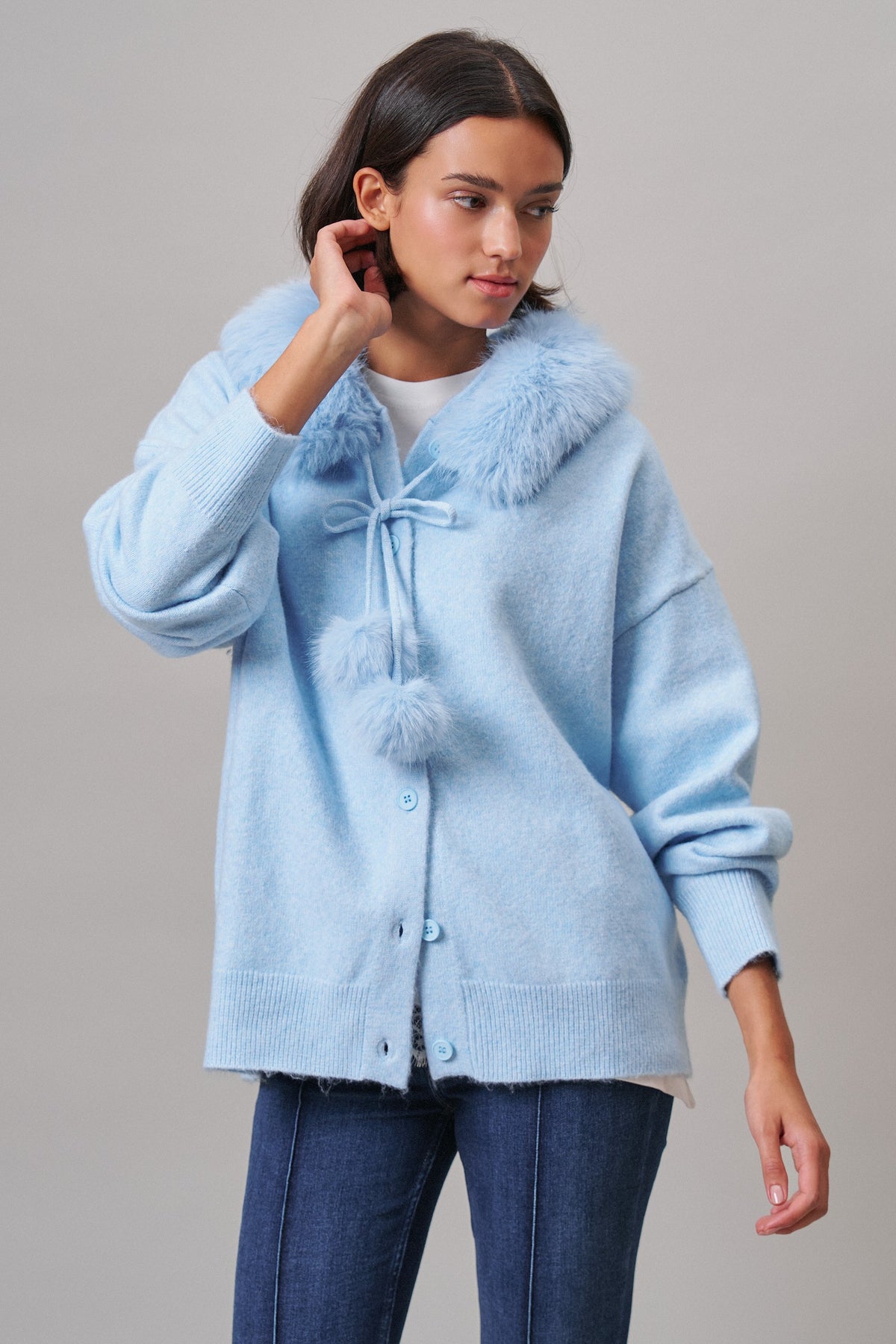 Faux Fur Hood Pom Pom Cardigan Wool Blend in Baby Blue in BLUE - Women's Cardigans & Shrugs | Urban Daizy