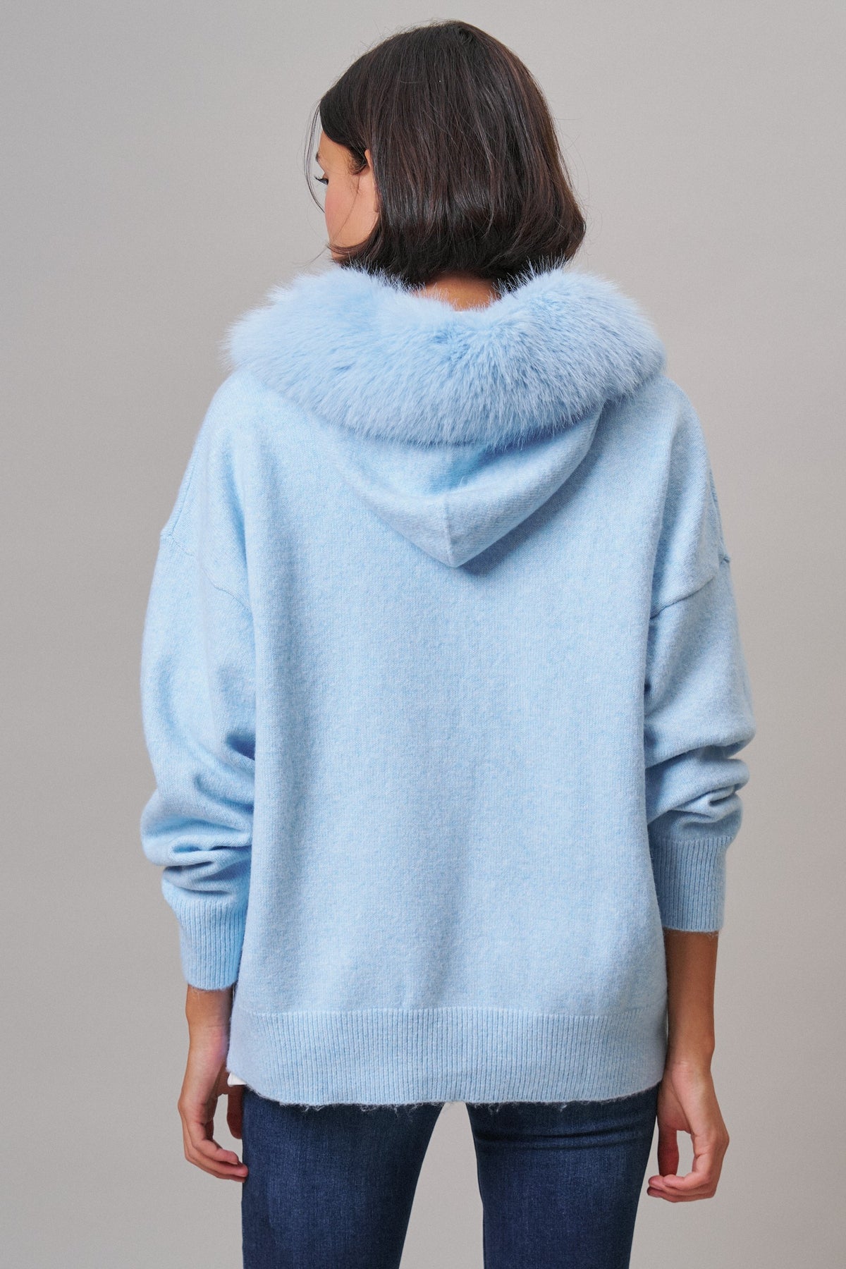 Faux Fur Hood Pom Pom Cardigan Wool Blend in Baby Blue in BLUE - Women's Cardigans & Shrugs | Urban Daizy