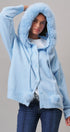 Faux Fur Hood Pom Pom Cardigan Wool Blend in Baby Blue in BLUE - Women's Cardigans & Shrugs | Urban Daizy