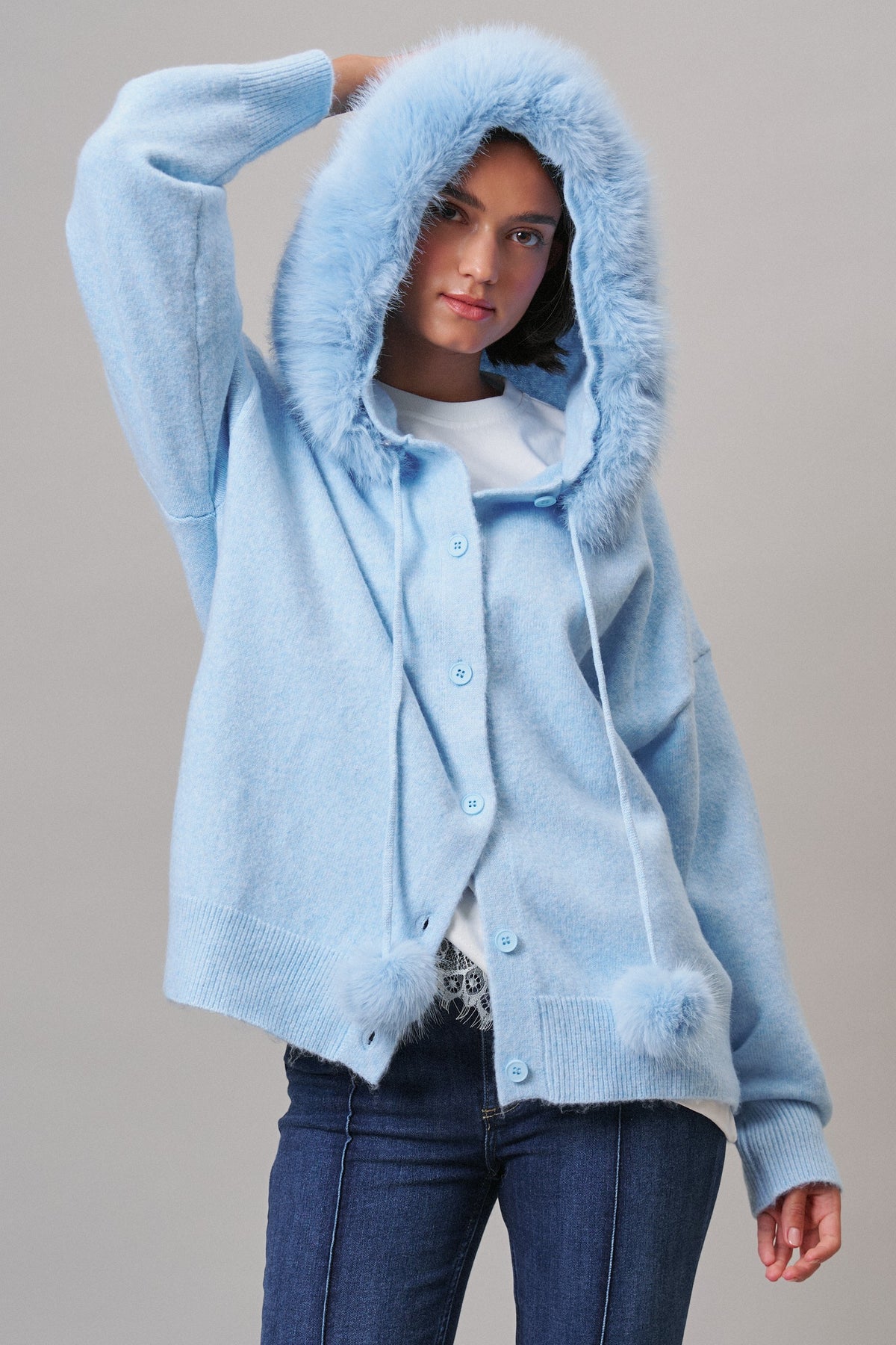 Faux Fur Hood Pom Pom Cardigan Wool Blend in Baby Blue in BLUE - Women's Cardigans & Shrugs | Urban Daizy