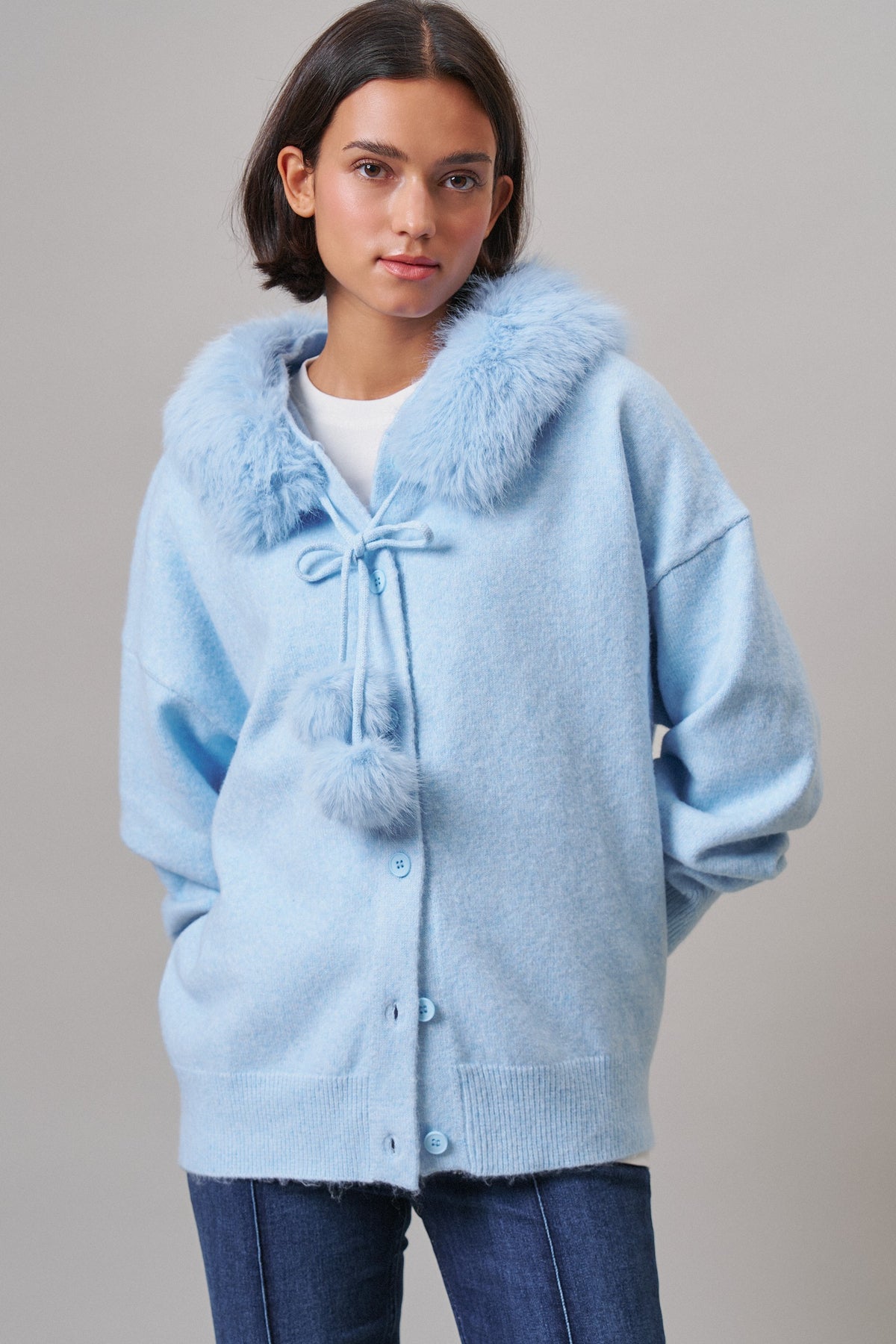 Faux Fur Hood Pom Pom Cardigan Wool Blend in Baby Blue in BLUE - Women's Cardigans & Shrugs | Urban Daizy