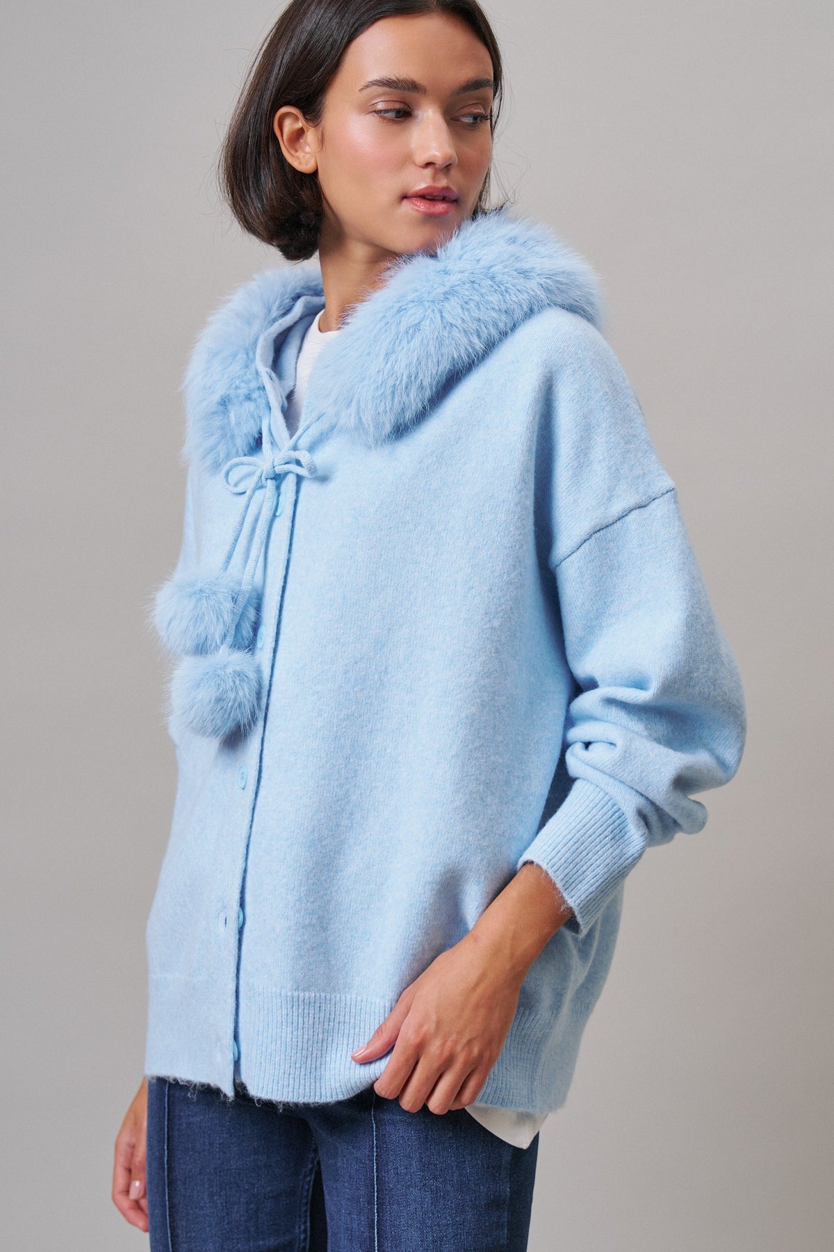 Faux Fur Hood Pom Pom Cardigan Wool Blend in Baby Blue in BLUE - Women's Cardigans & Shrugs | Urban Daizy