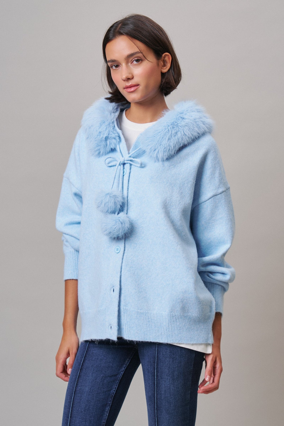 Faux Fur Hood Pom Pom Cardigan Wool Blend in Baby Blue in BLUE - Women's Cardigans & Shrugs | Urban Daizy
