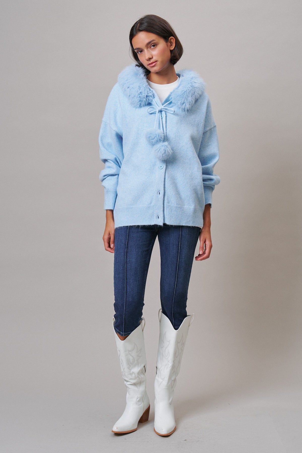 Faux Fur Hood Pom Pom Cardigan Wool Blend in Baby Blue in BLUE - Women's Cardigans & Shrugs | Urban Daizy