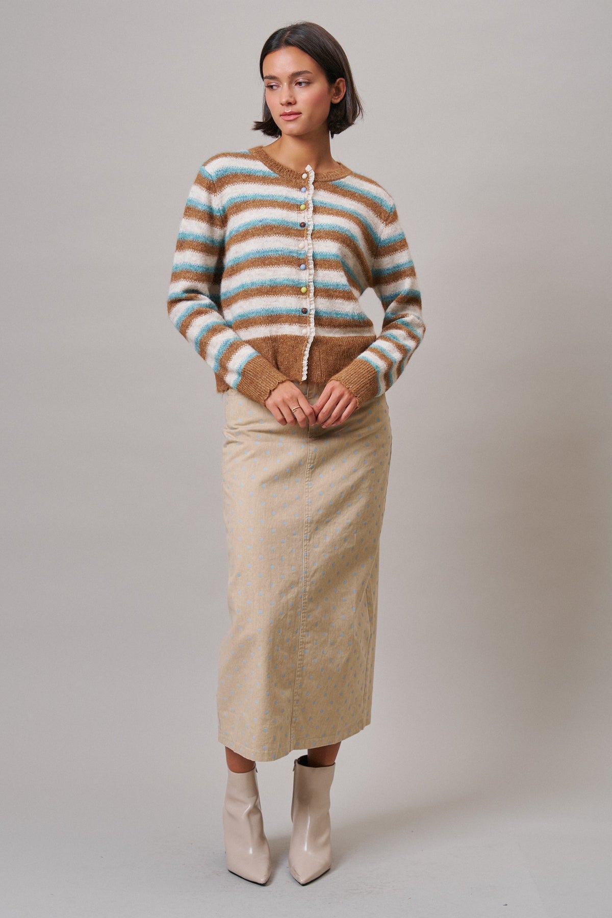Lace Trim Striped Cardigan Coastal Grandma Preppy for Women in BROWN BLUE - Women's Cardigans & Shrugs | Urban Daizy