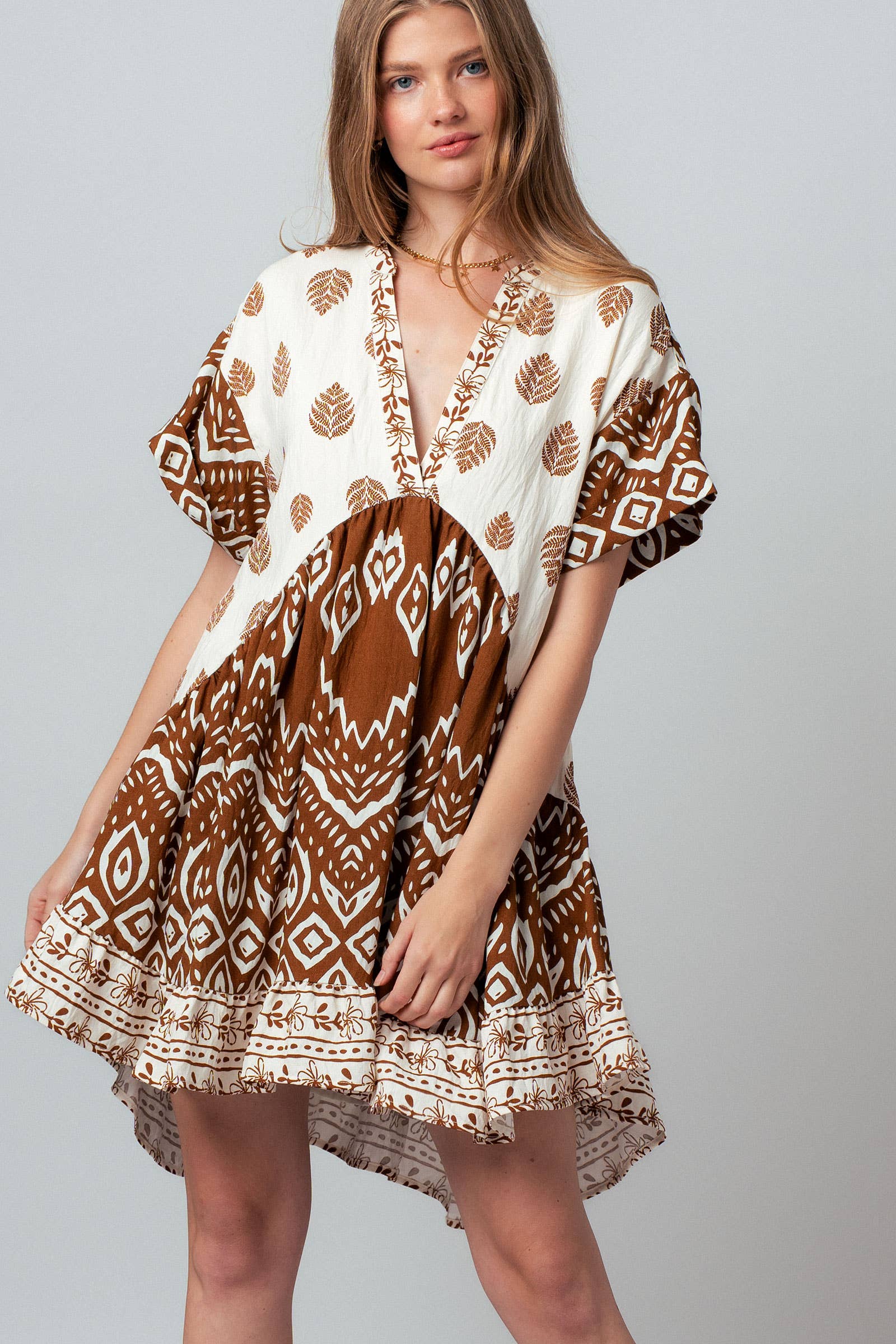 Urban Daizy Mixed-Print V-Neck Tiered Boho Mini Dress Ivory-Brown Dress - Women's (UDZ-DR-00476) – alternate view 11
