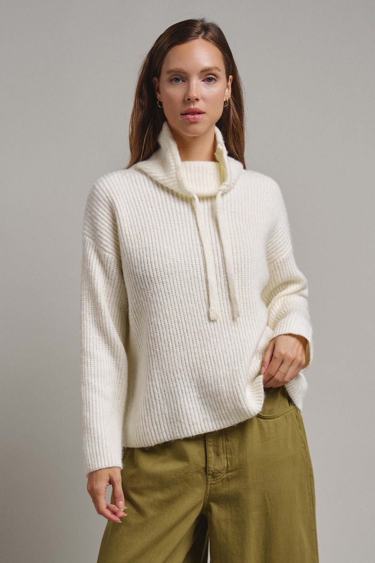 Ribbed Funnel Neck Knit Sweater in IVORY - Women's Sweaters | Urban Daizy