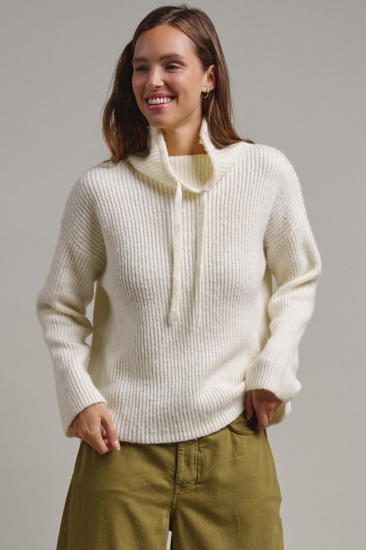 Ribbed Funnel Neck Knit Sweater in IVORY - Women's Sweaters | Urban Daizy
