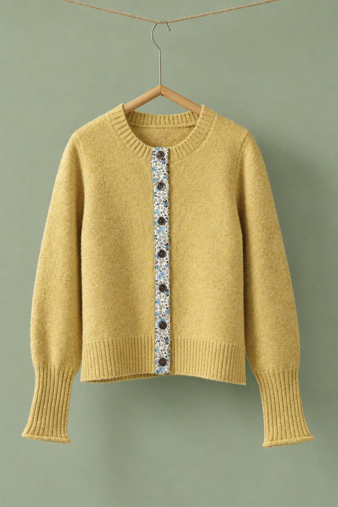 Floral Contrast Wool Blend Crew Neck Cardigan in HONEY GOLD - Women's Cardigans & Shrugs | Urban Daizy