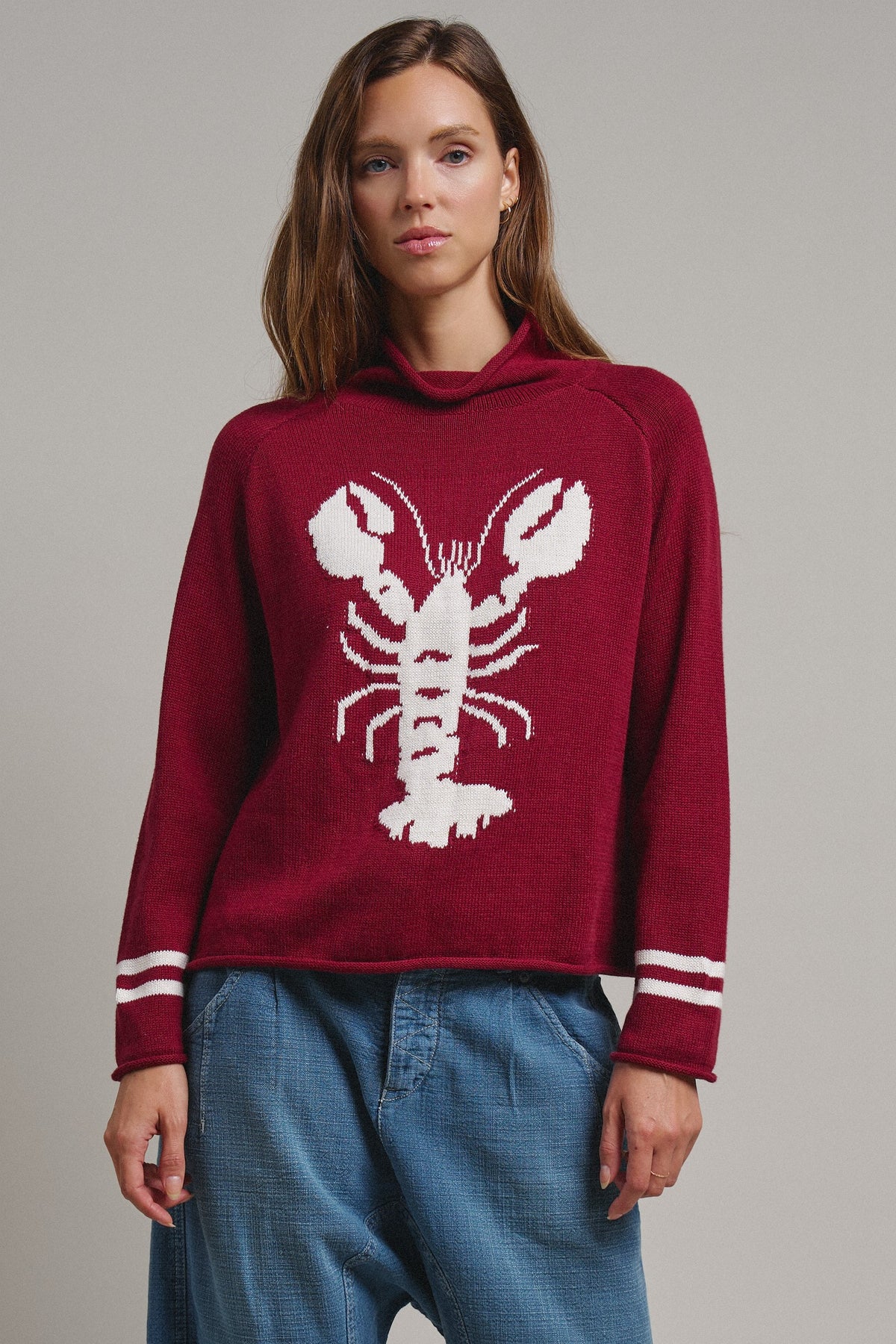 Lobster Intarsia Mock Neck Knit Sweater in BURGUNDY - Women's Sweaters | Urban Daizy