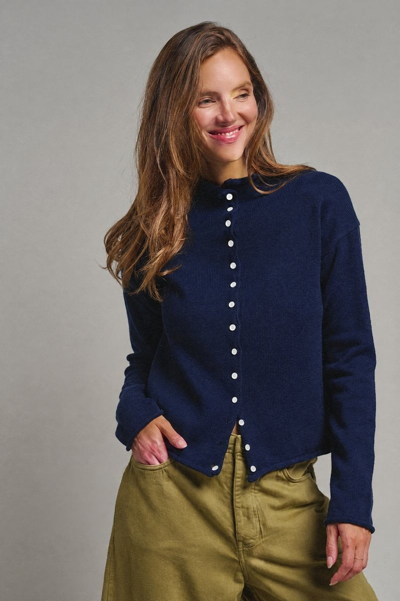 Striped Polo Collar Button Sweater with Rolled Edges in NAVY - Women's Cardigans & Shrugs | Urban Daizy