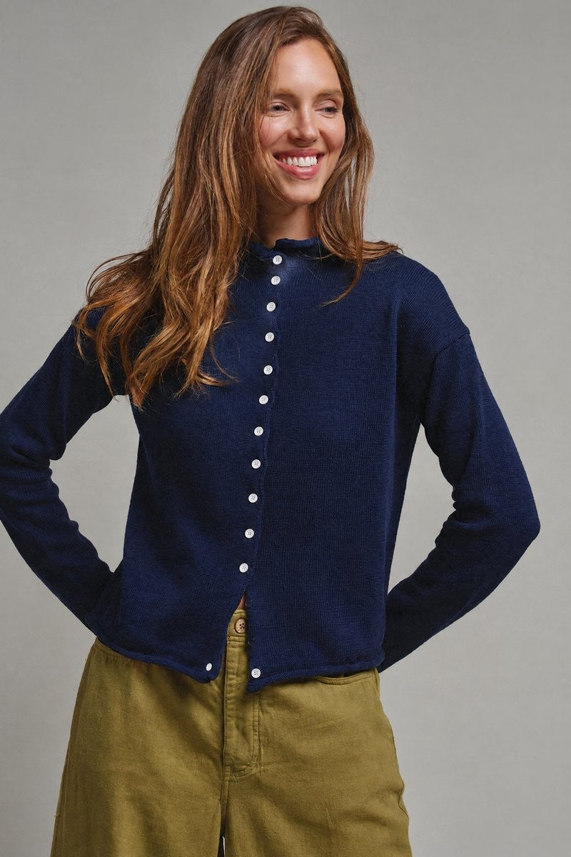 Striped Polo Collar Button Sweater with Rolled Edges in NAVY - Women's Cardigans & Shrugs | Urban Daizy