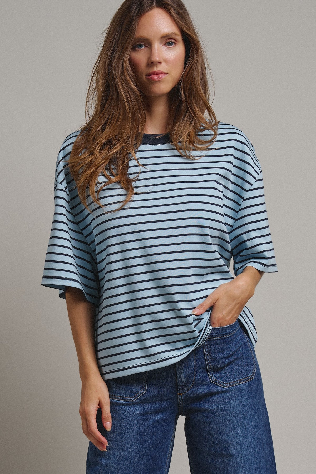 Oversized Striped Contrast Neck Boxy Tee