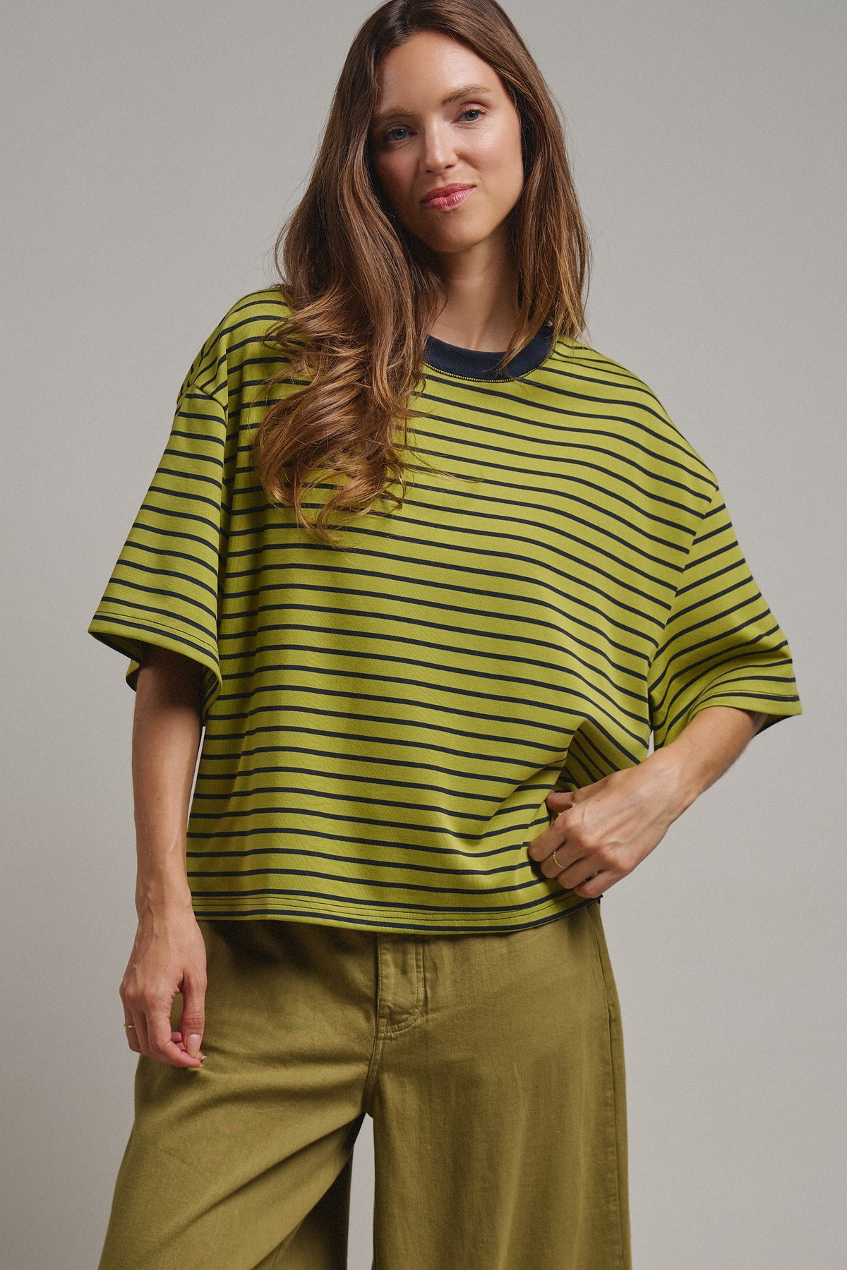 Oversized Striped Contrast Neck Boxy Tee