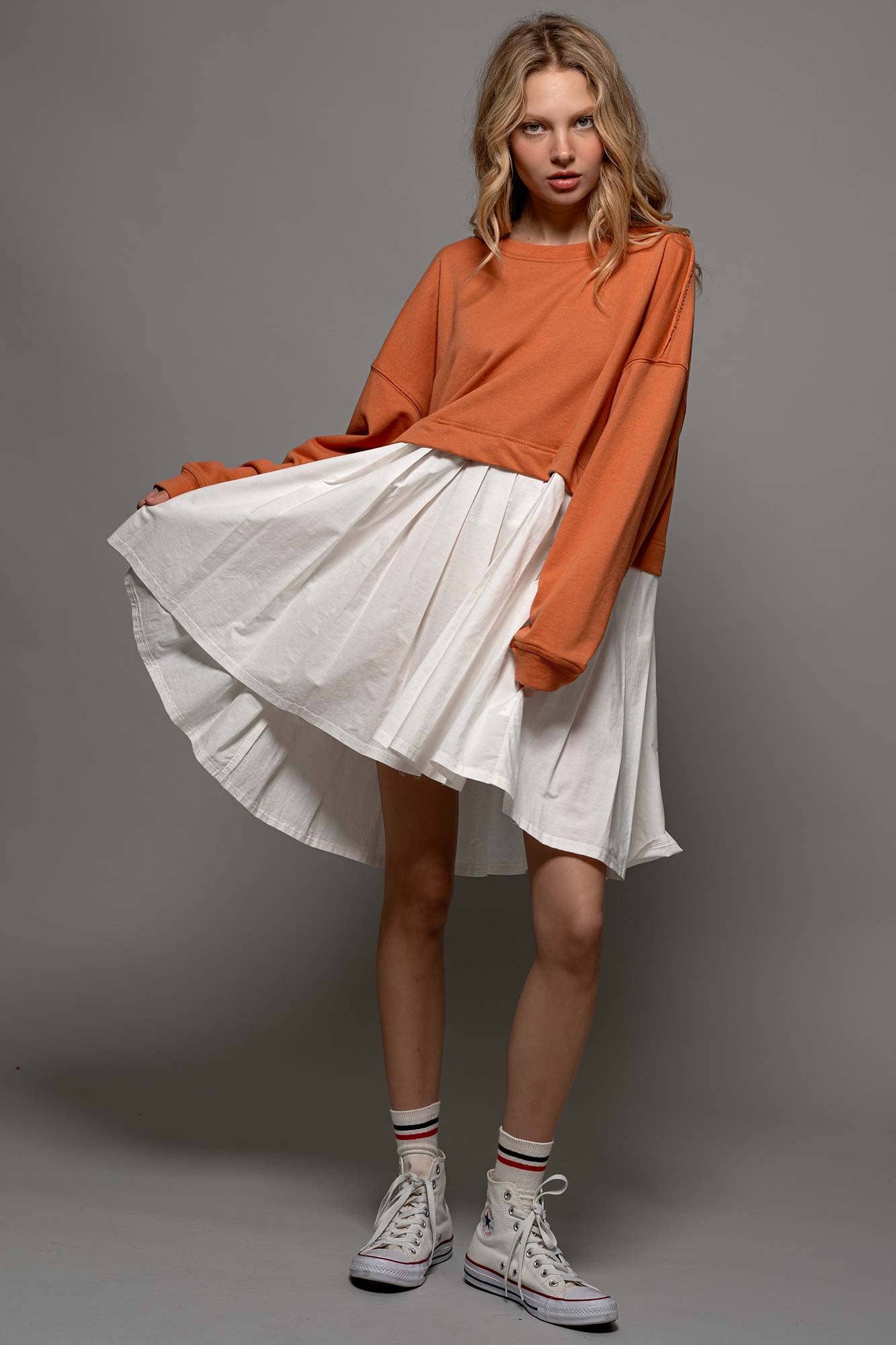 Urban Daizy Pleated Skirt Layered Statement Sweater Dress Rust Dress - Women's (UDZ-DR-00306) – alternate view 16