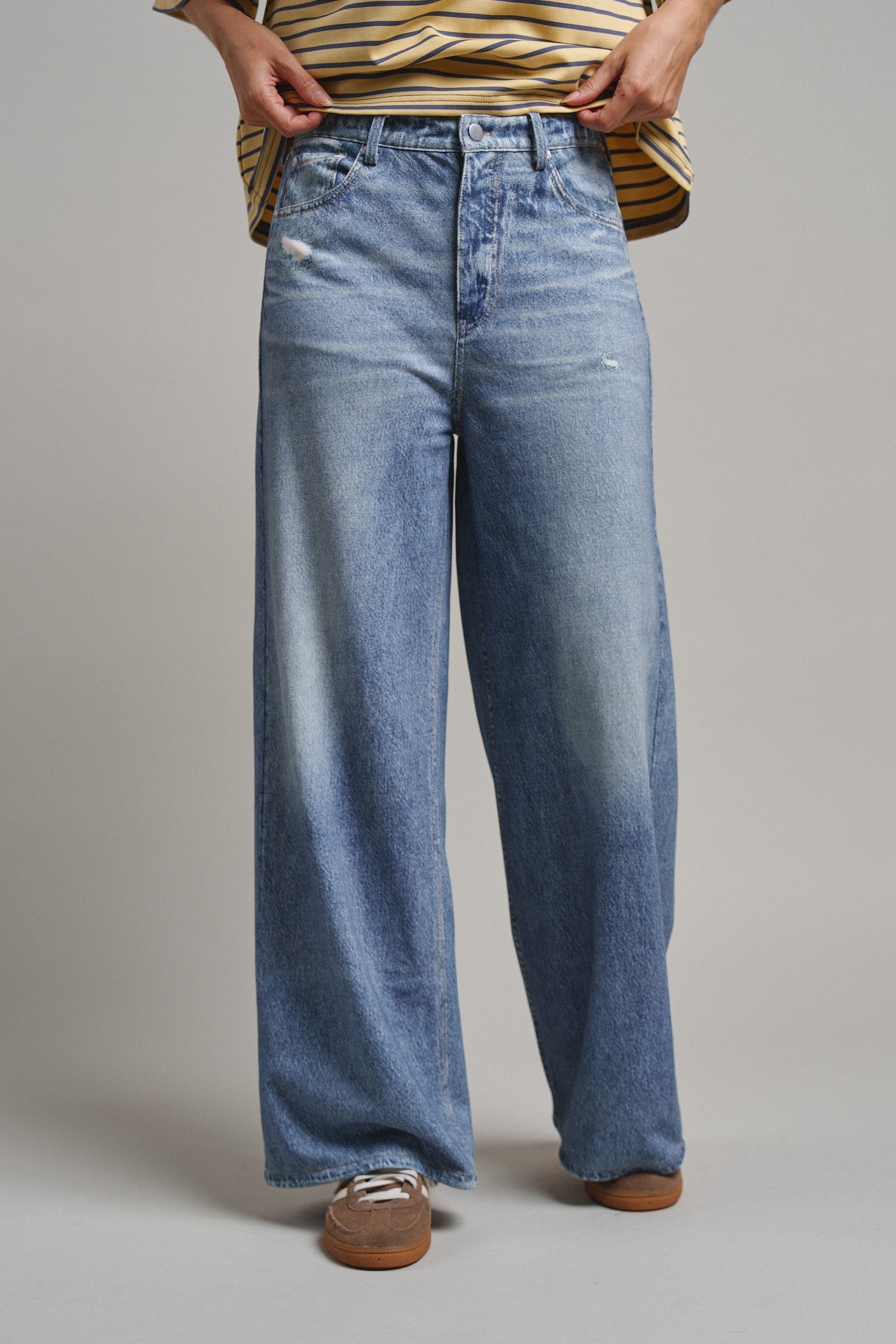 Faux Denim Print French Terry Wide Leg Pants with Flared Hem in DENIM - Women's Casual Pants | Urban Daizy