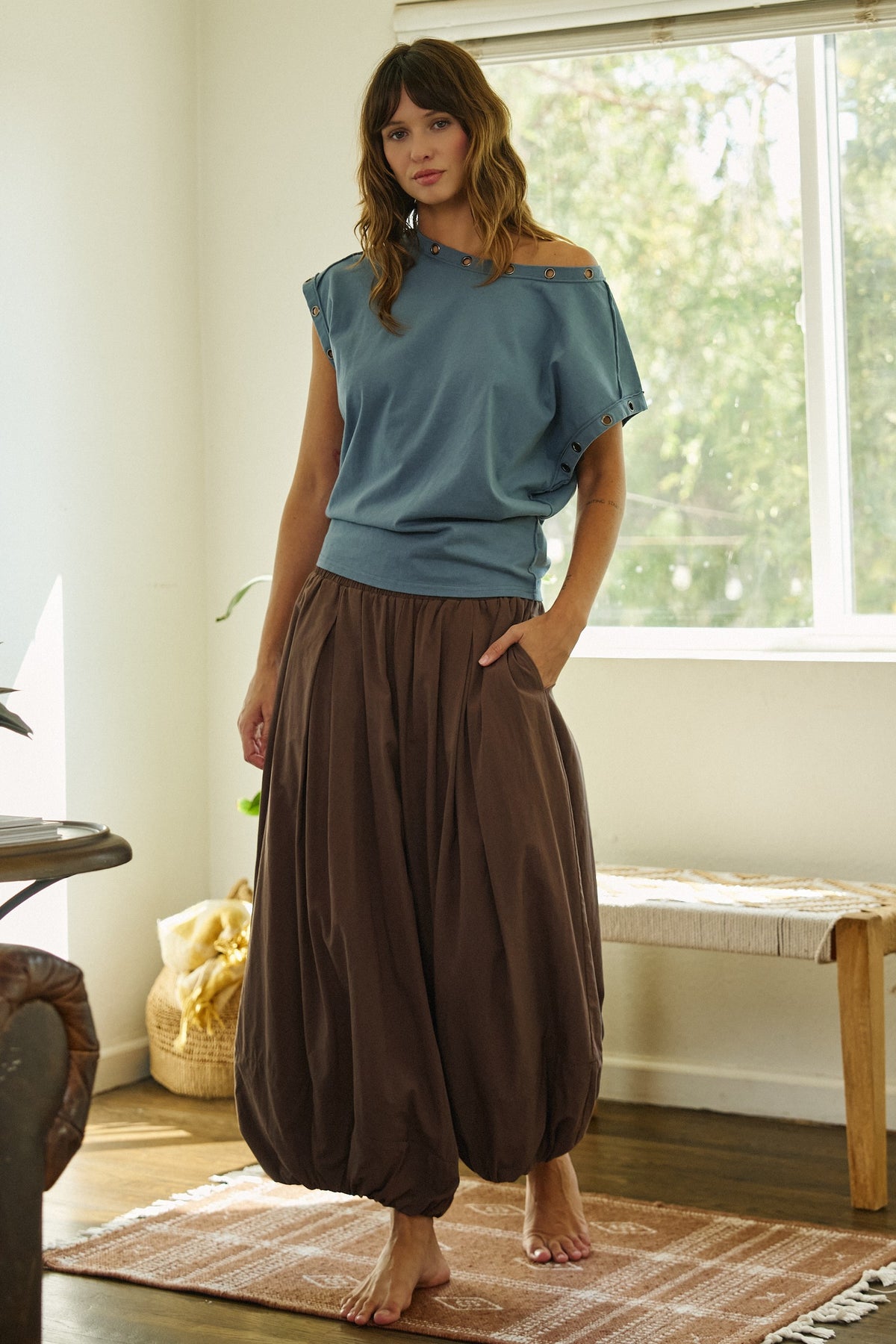 Balloon Hem Wide Leg Pants in BROWN - Women's Casual Pants | Urban Daizy