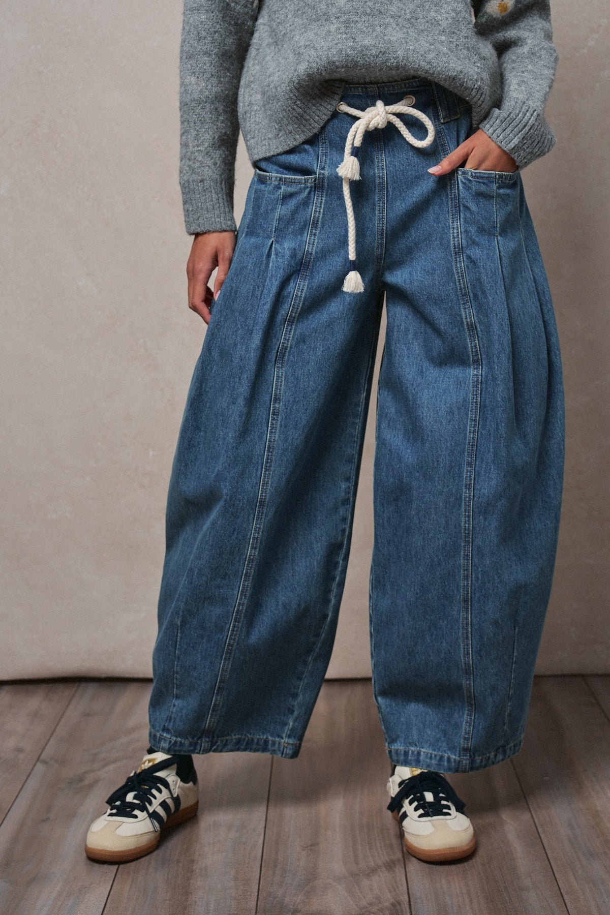 Pleated Wide-Leg Barrel Pant with Drawstring in DENIM - Women's Casual Pants | Urban Daizy