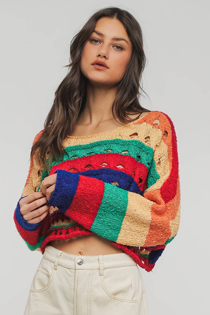 Urban Daizy Colorblock Crochet Knit Cropped Tie Back Sweater Muliti Knit Sweater - Women's (UDZ-KN-00357) – alternate view 7