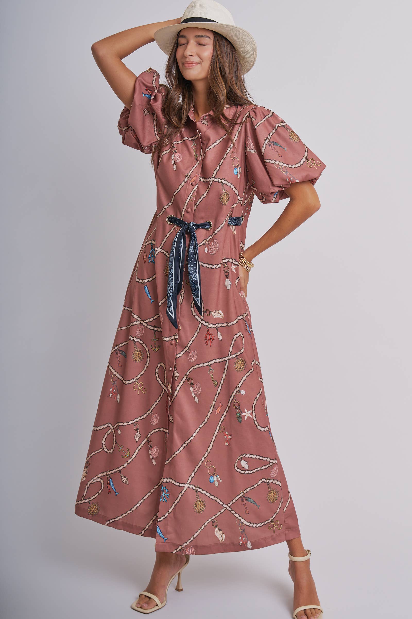 Nautical Motif Puff Sleeve Shirt Dress