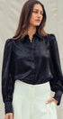 Metallic Shimmer Button Down Blouse with Puff Sleeves in BLACK - Women's Shirts & Blouses | Urban Daizy