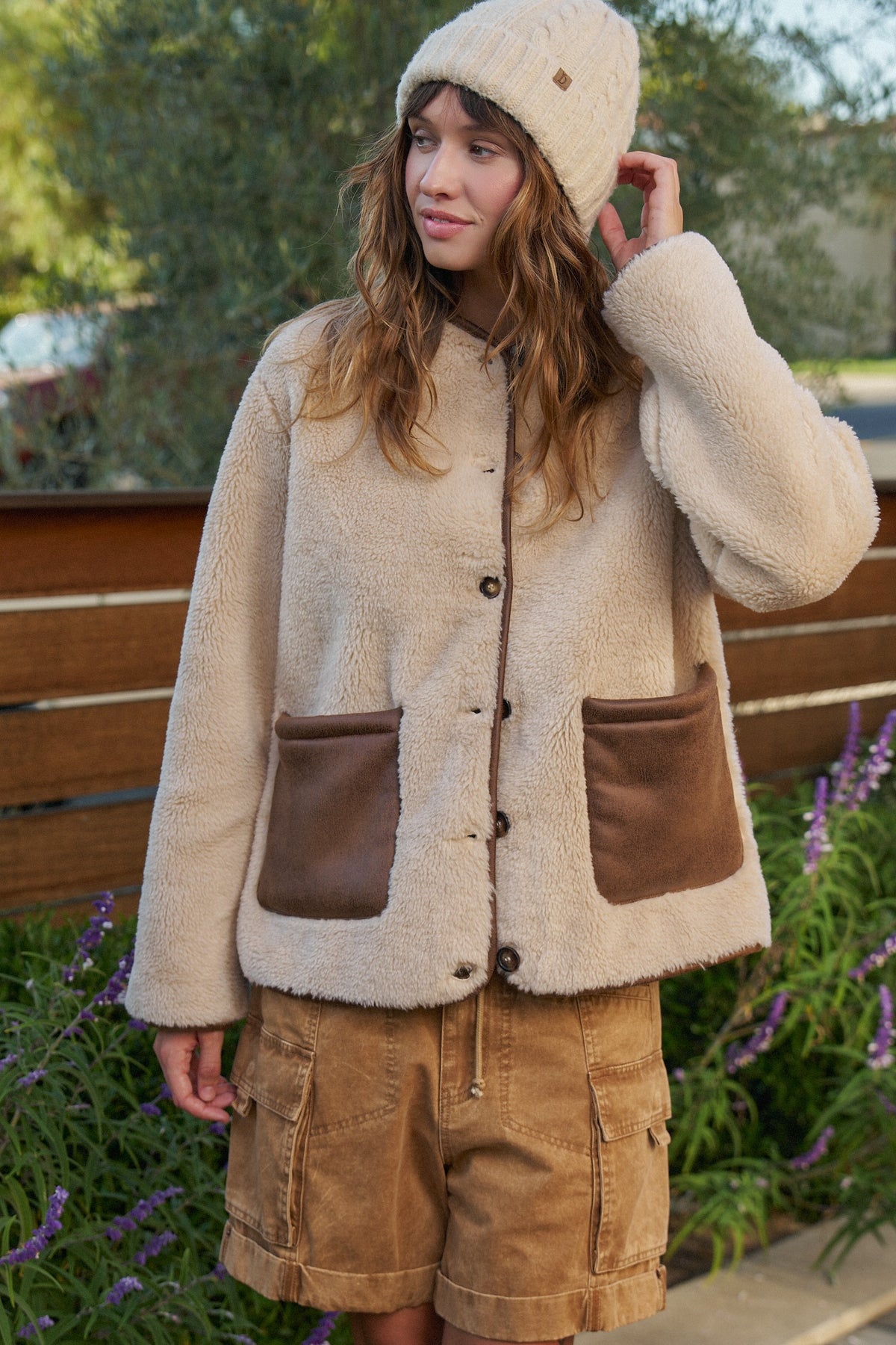 Cozy Boxy Shearling Jacket with Suede Pockets in BEIGE - Women's Jackets & Blazers | Urban Daizy