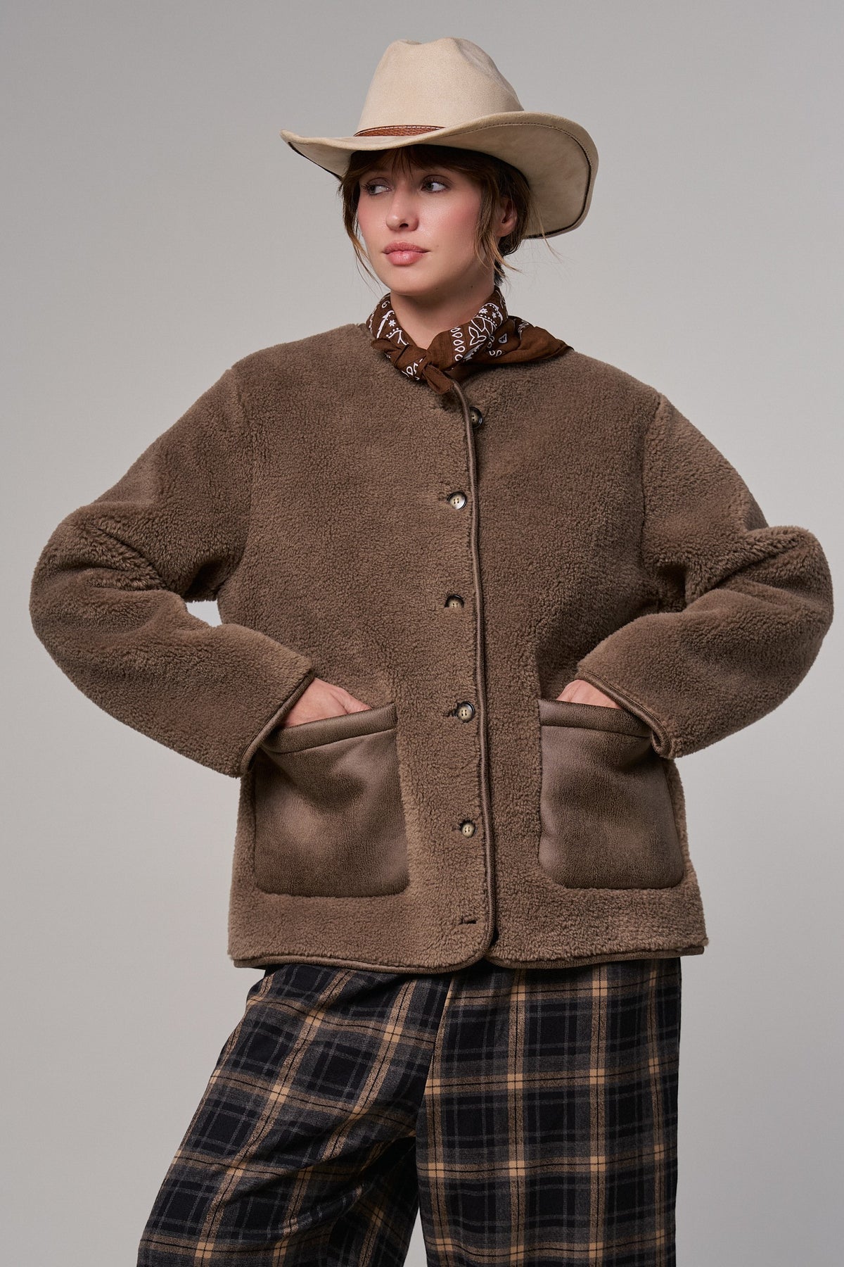 Cozy Boxy Shearling Jacket with Suede Pockets in BROWN - Women's Jackets & Blazers | Urban Daizy