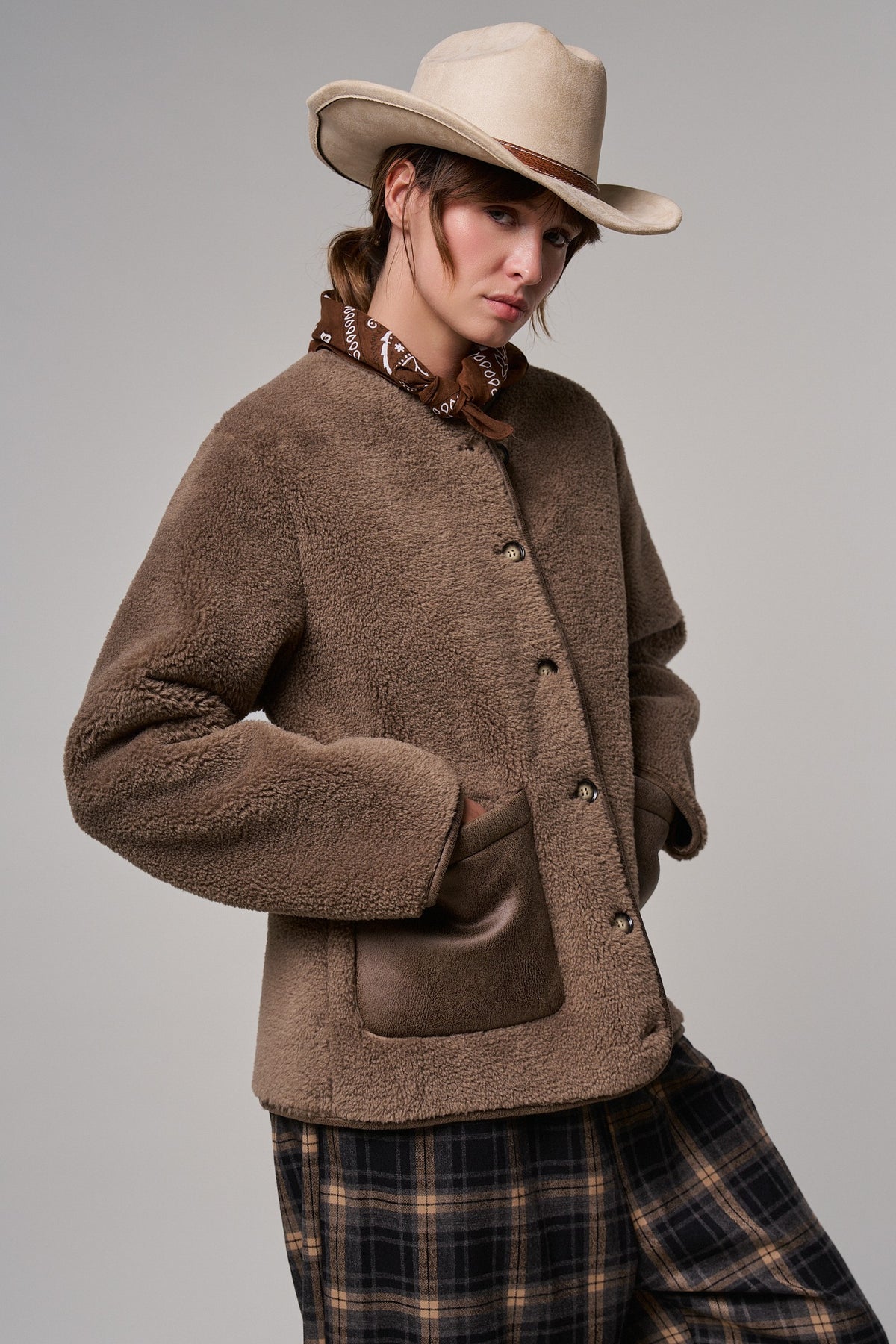 Cozy Boxy Shearling Jacket with Suede Pockets in BROWN - Women's Jackets & Blazers | Urban Daizy