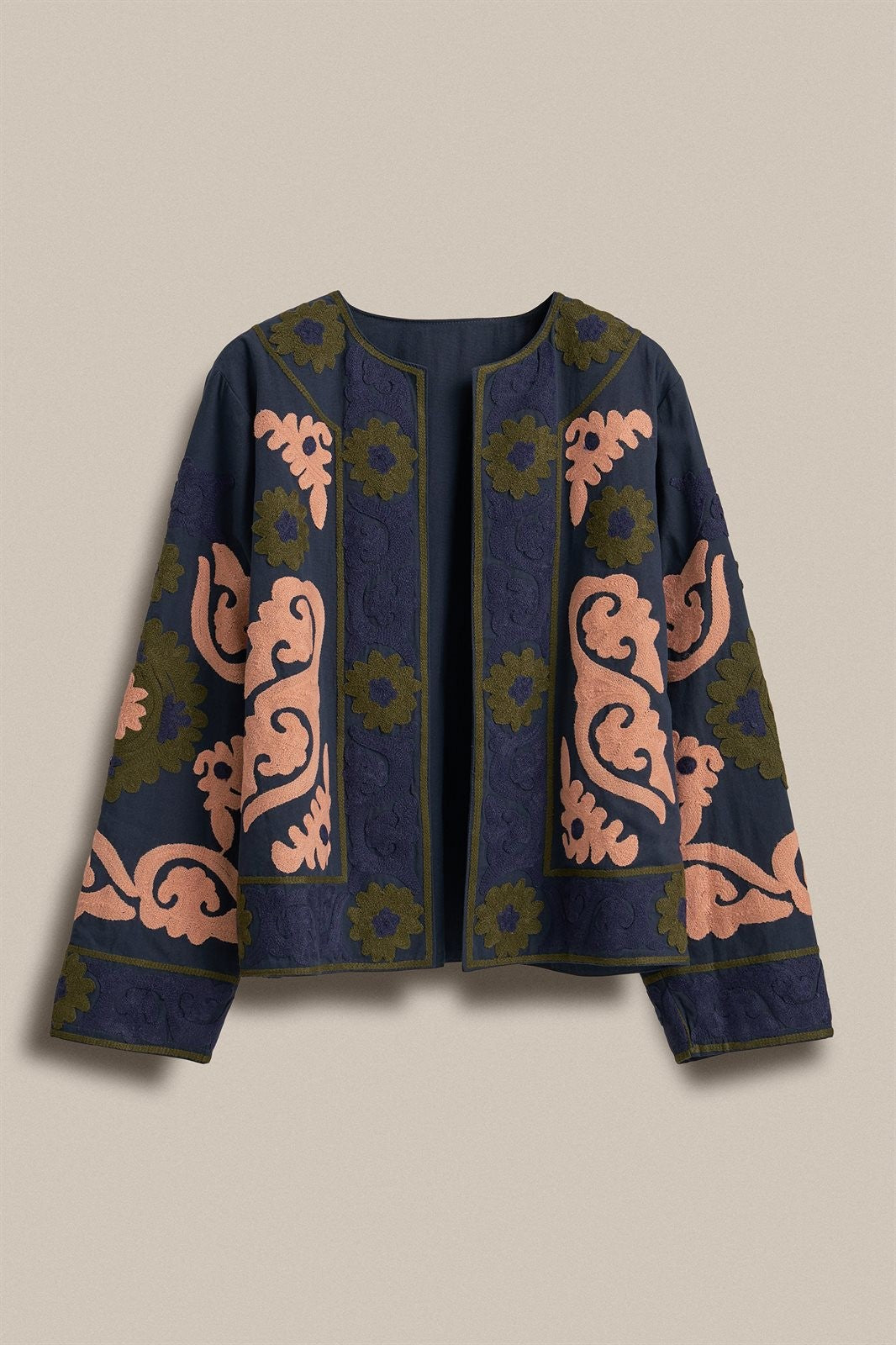 Suzani Embroidered Cotton Jacket with Floral Scroll in NAVY - Women's Jackets & Blazers | Urban Daizy