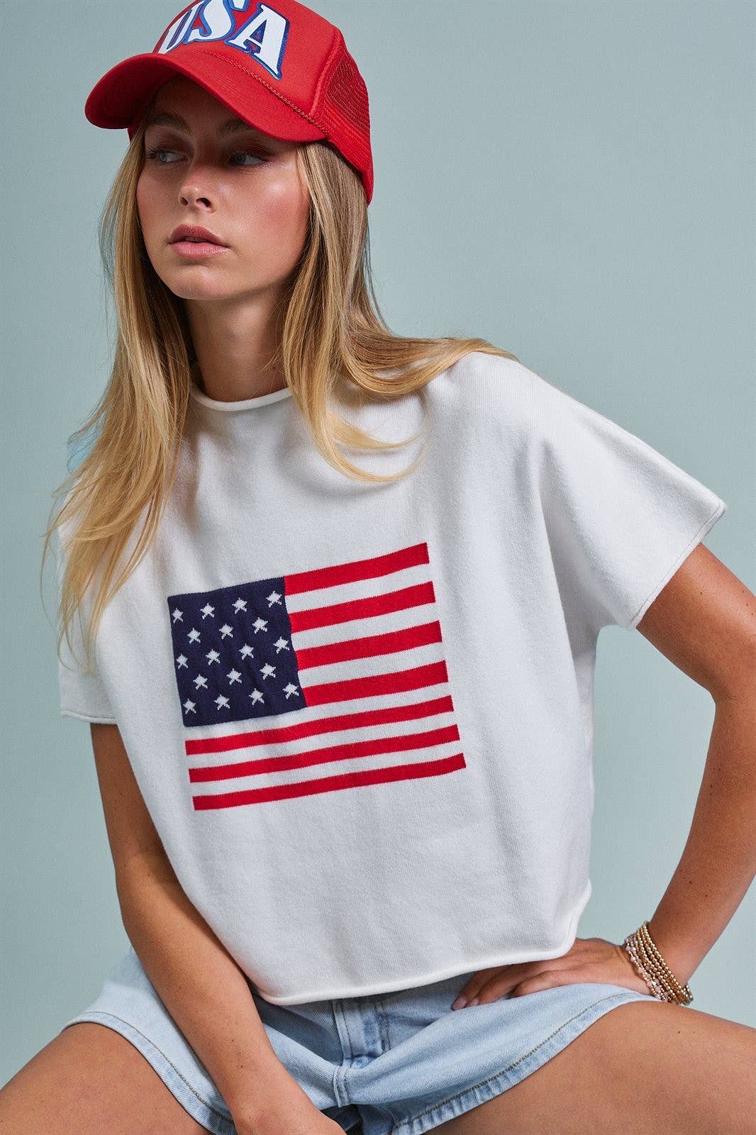 Urban Daizy American Flag Graphic Raw Edge Crop Tee White T-Shirt (Graphic) - Women's (UDZ-TP-01083-White) – alternate view 10
