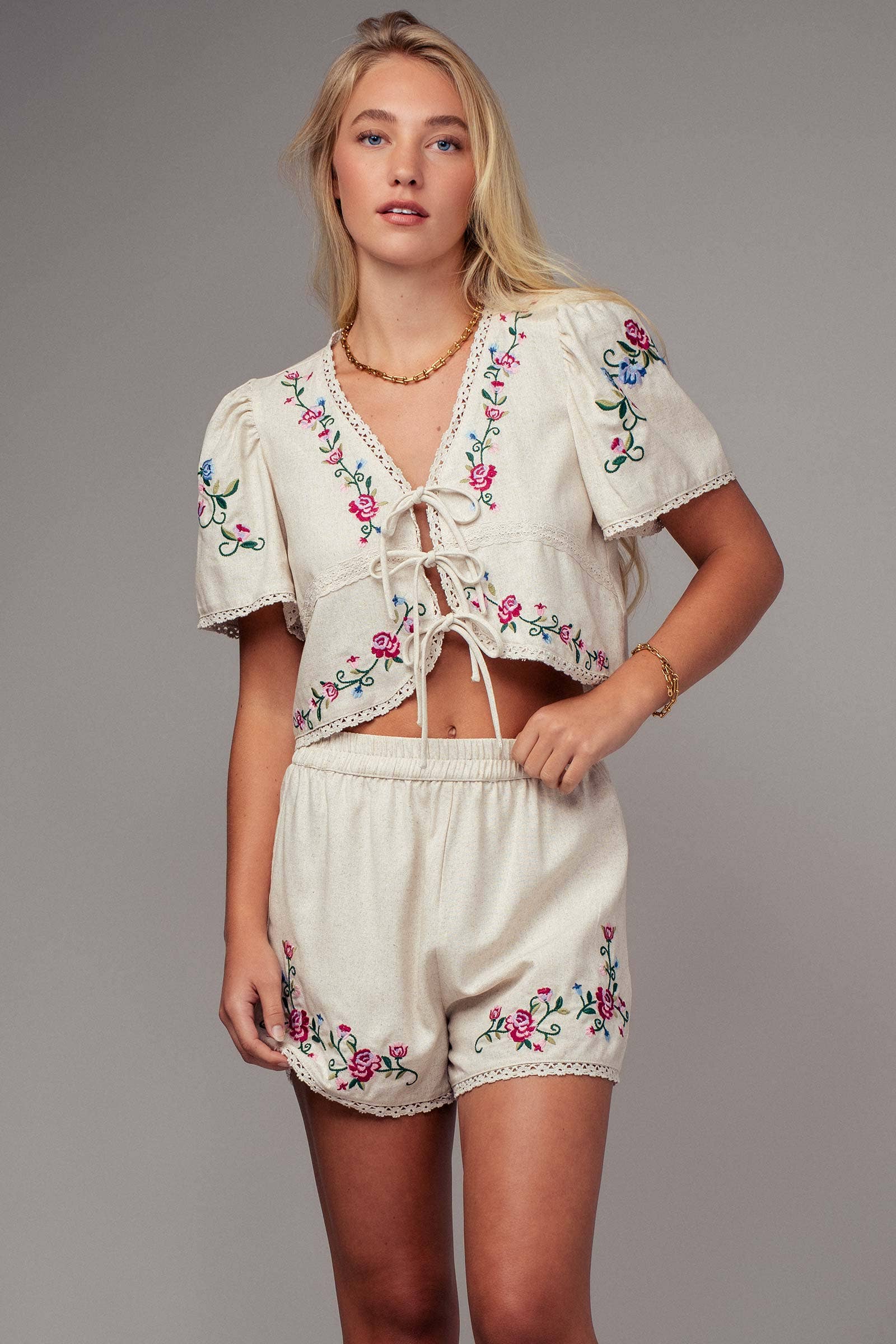 Urban Daizy Embroidered Tie-Front Boho Crop Top Natural Blouse - Women's (UDZ-TP-00811) – alternate view 4