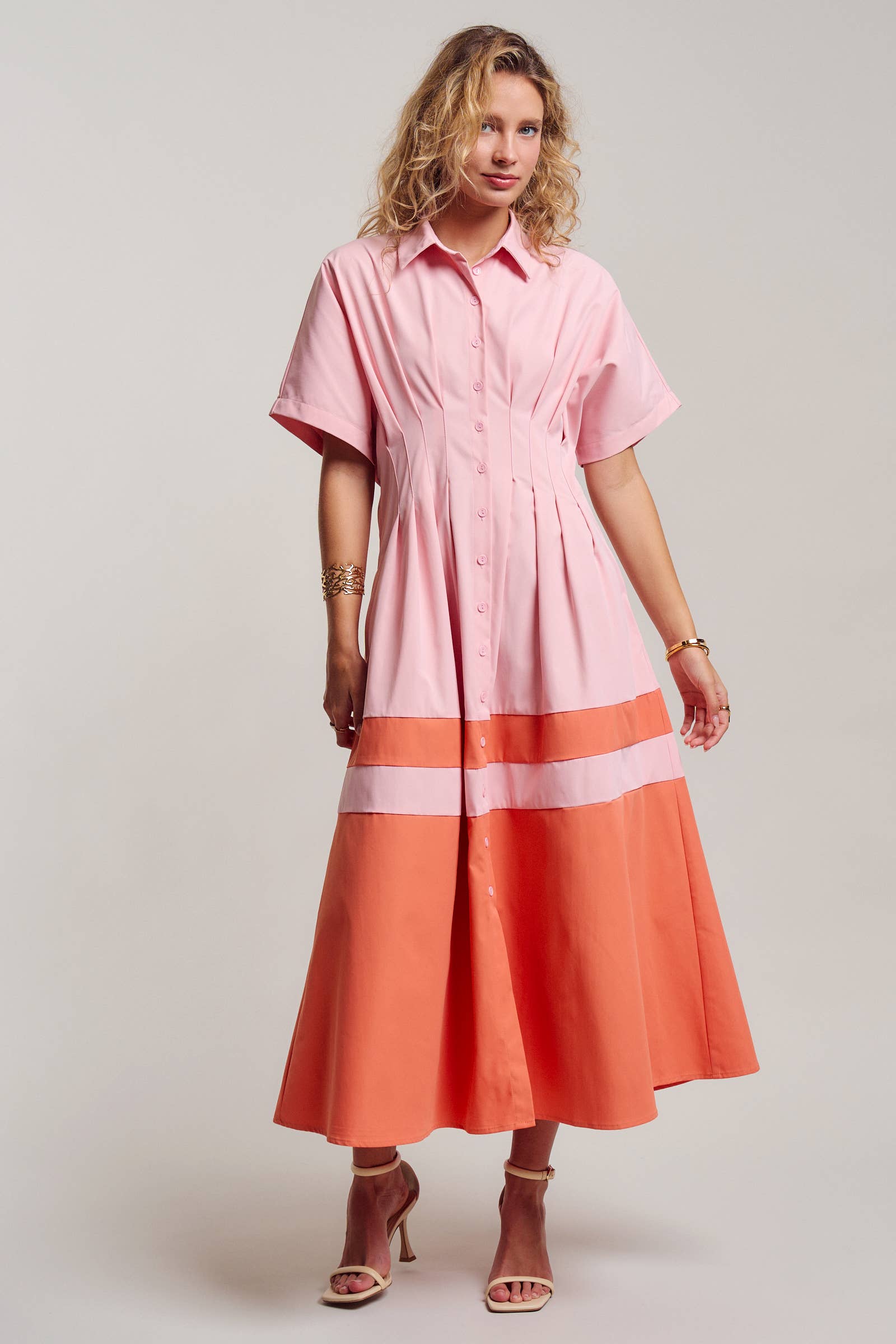 Colorblock Button-Up Cotton Midi Dress