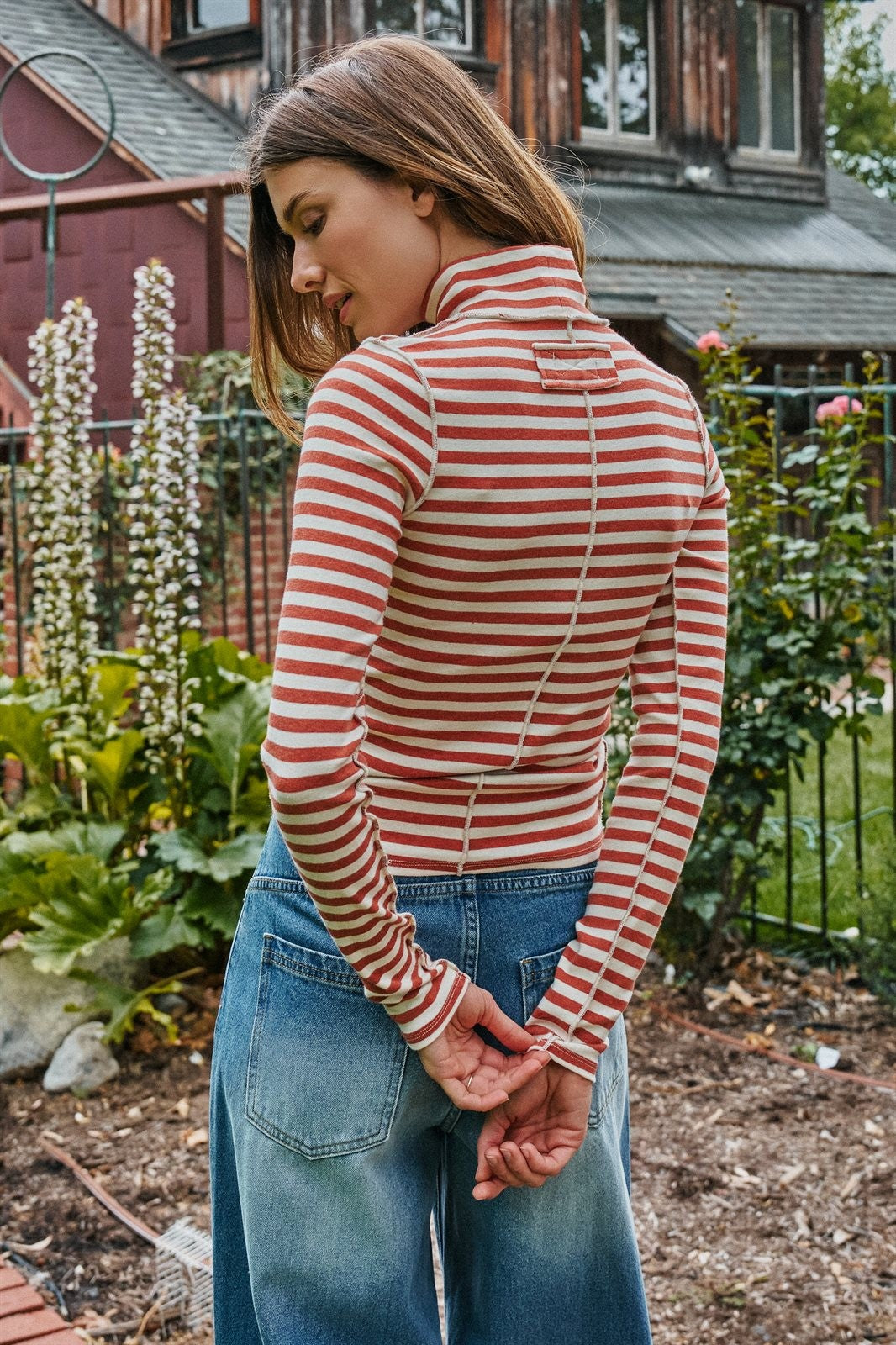 Classic Striped Long Sleeve Turtleneck Top in IVORY RUST - Women's T-Shirts & Polos | Urban Daizy