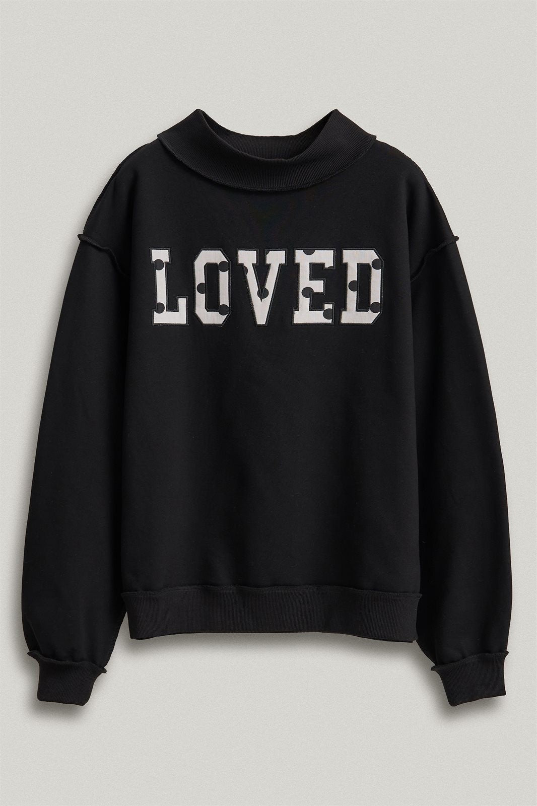 LOVED Varsity Patch Mock Neck Sweatshirt with Exposed Seams in BLACK - Women's Sweatshirts & Hoodies | Urban Daizy
