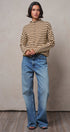 Striped Polo Collar Button Sweater with Rolled Edges in IVORY BROWN - Women's Cardigans & Shrugs | Urban Daizy