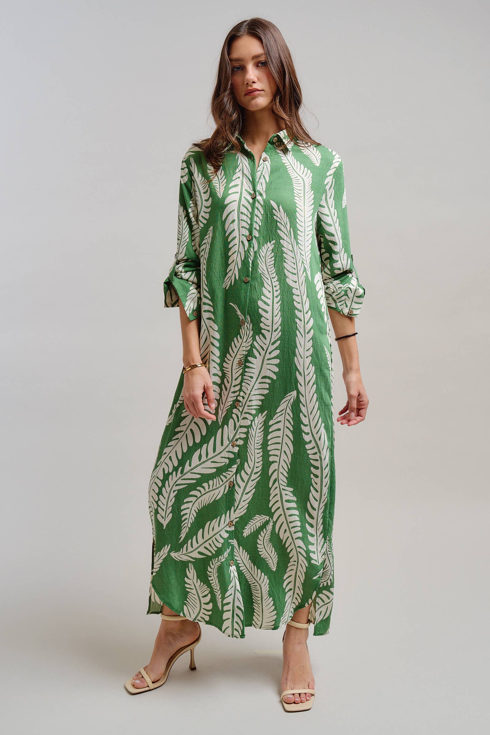 Urban Daizy Botanical Fern Maxi Shirt Dress Green Dress - Women's (TNDR1641-Green)