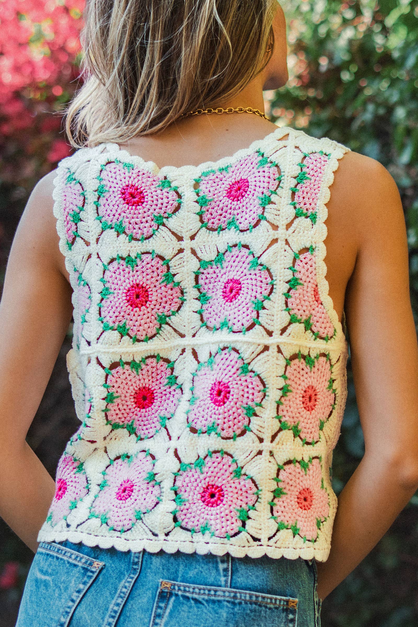 Urban Daizy Floral Crochet Tank Top Ivory-Pink Tank Top - Women's (UDZ-TP-01037) – alternate view 5